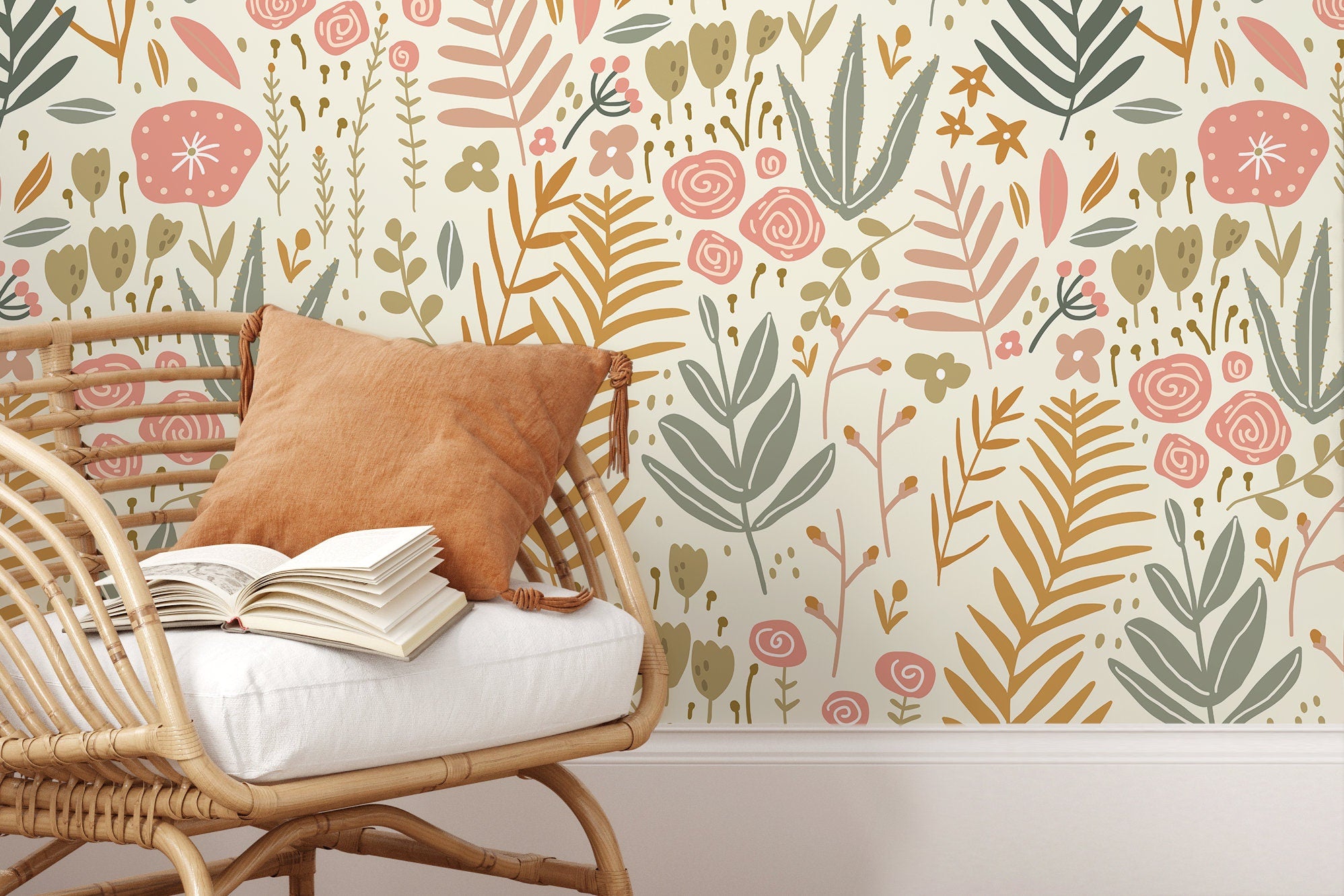 Botanical Wallpaper With Boho Garden Florals In Pink, Green, And Ochre - D116
