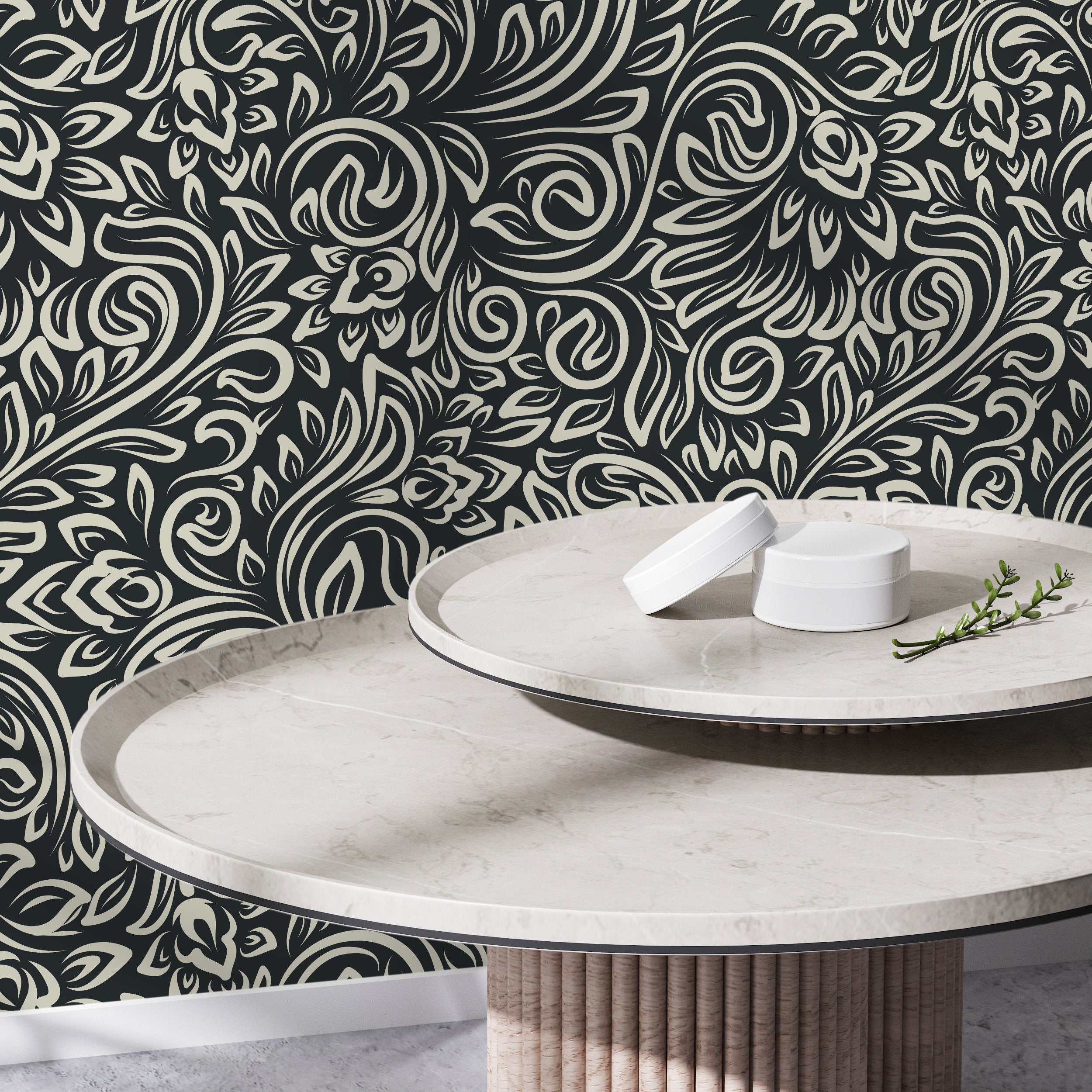 Floral Wallpaper With A Stylized Damask Motif In Black And Cream - D158