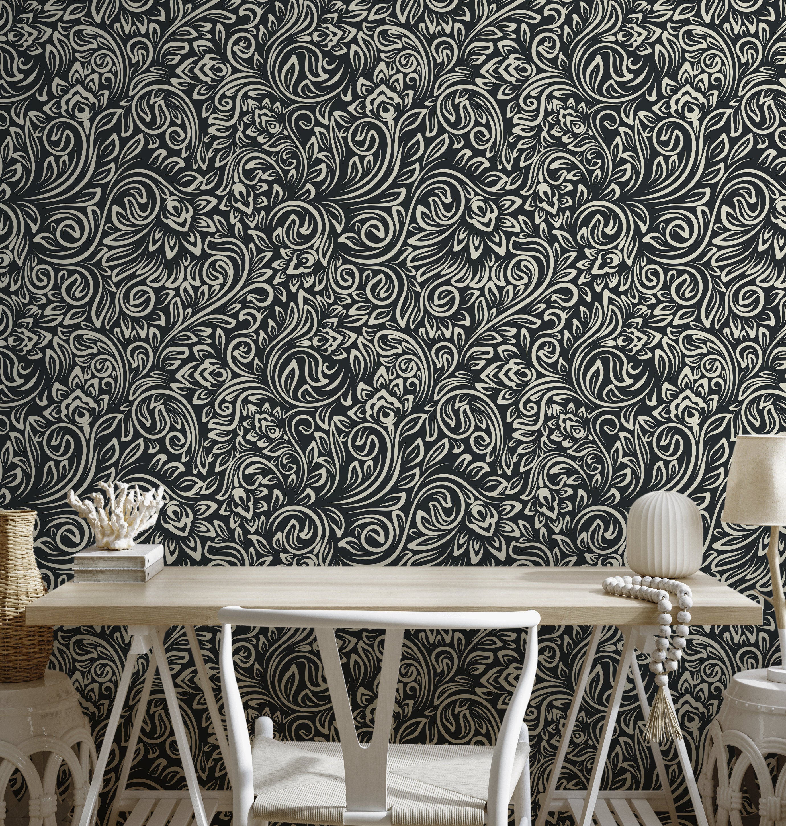 Floral Wallpaper With A Stylized Damask Motif In Black And Cream - D158