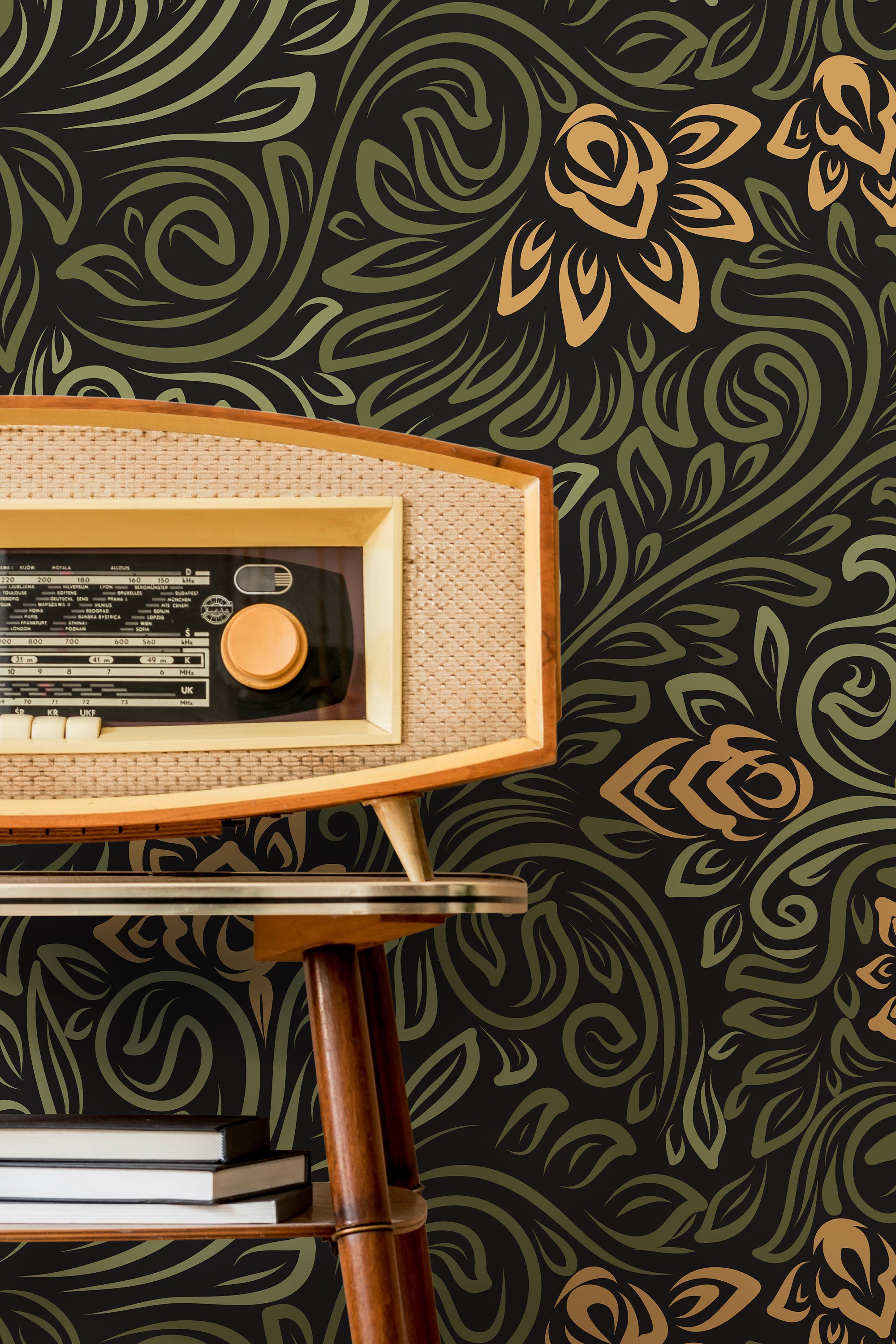 Art Nouveau Wallpaper With Swirling Floral Vines In Green, Gold, And Black - D159