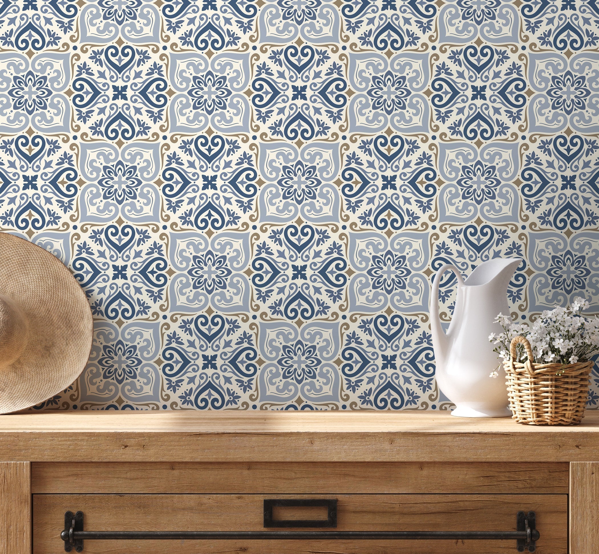 Moroccan Wallpaper With A Traditional Tile Motif In Blue And Brown - D162