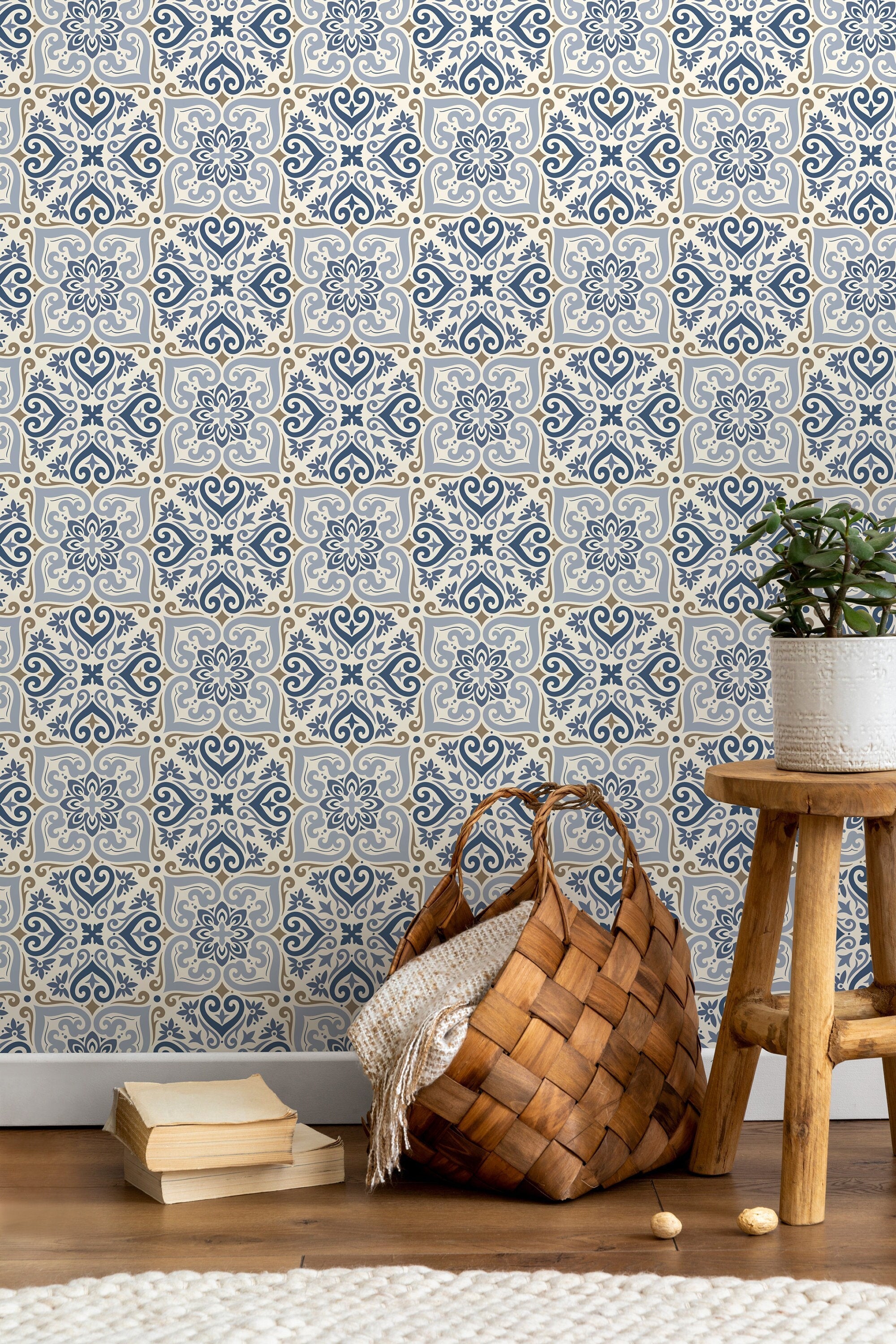 Moroccan Wallpaper With A Traditional Tile Motif In Blue And Brown - D162