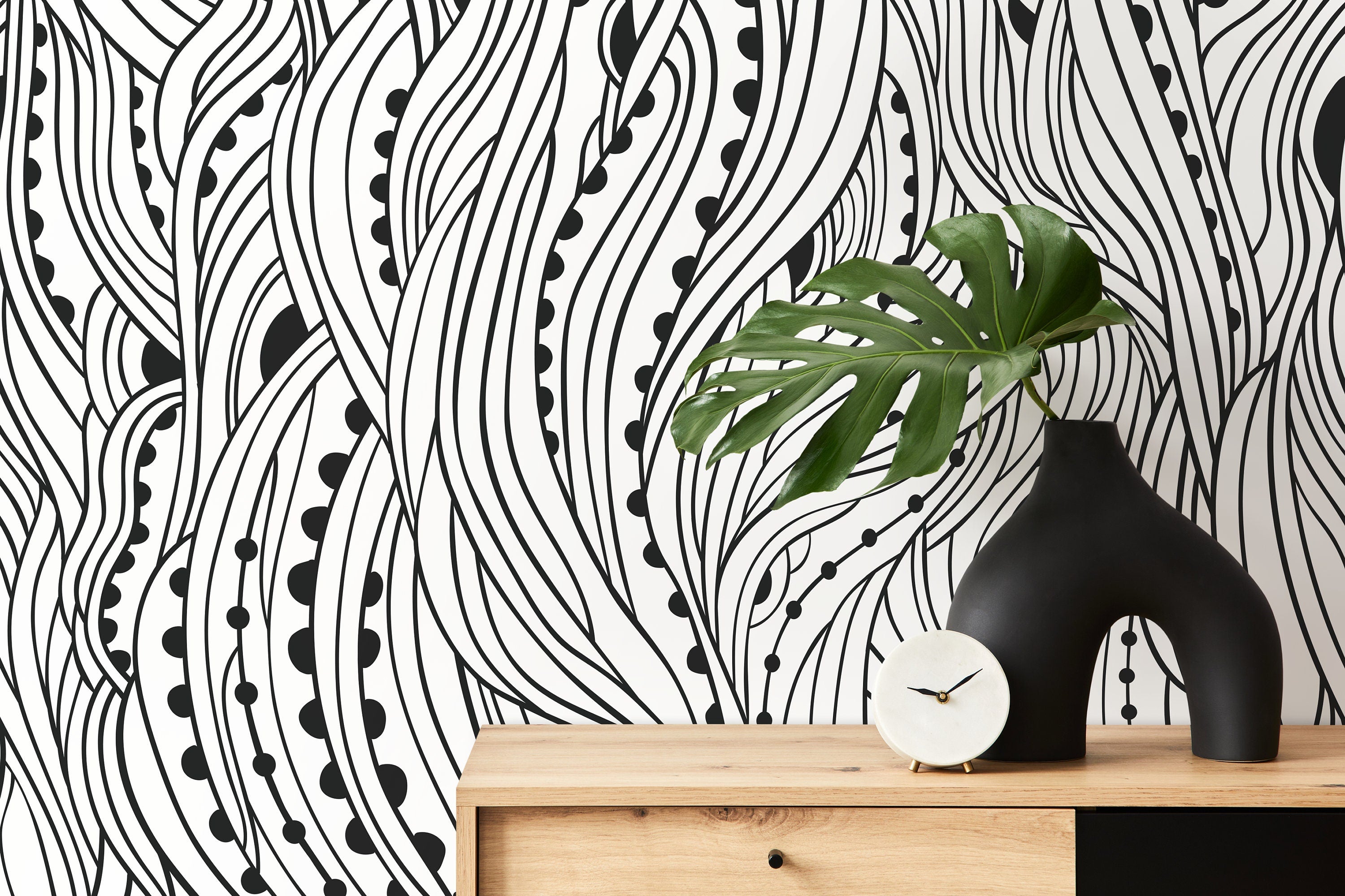 Abstract Wallpaper With Flowing Wavy Lines In Black And White - D176