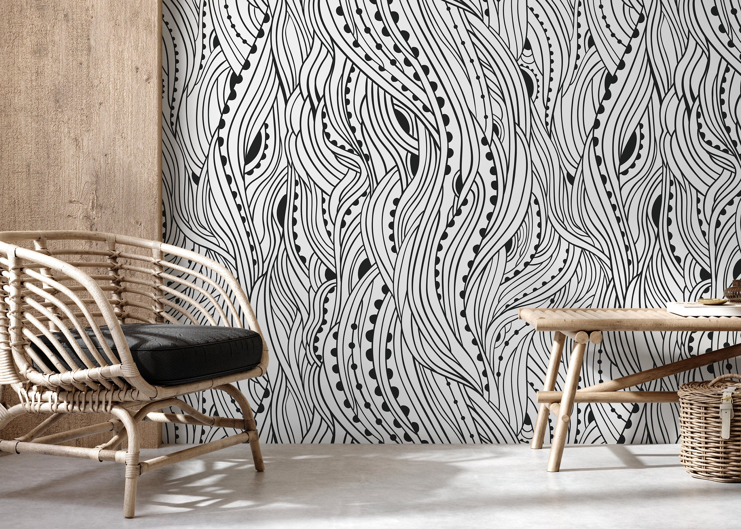 Abstract Wallpaper With Flowing Wavy Lines In Black And White - D176