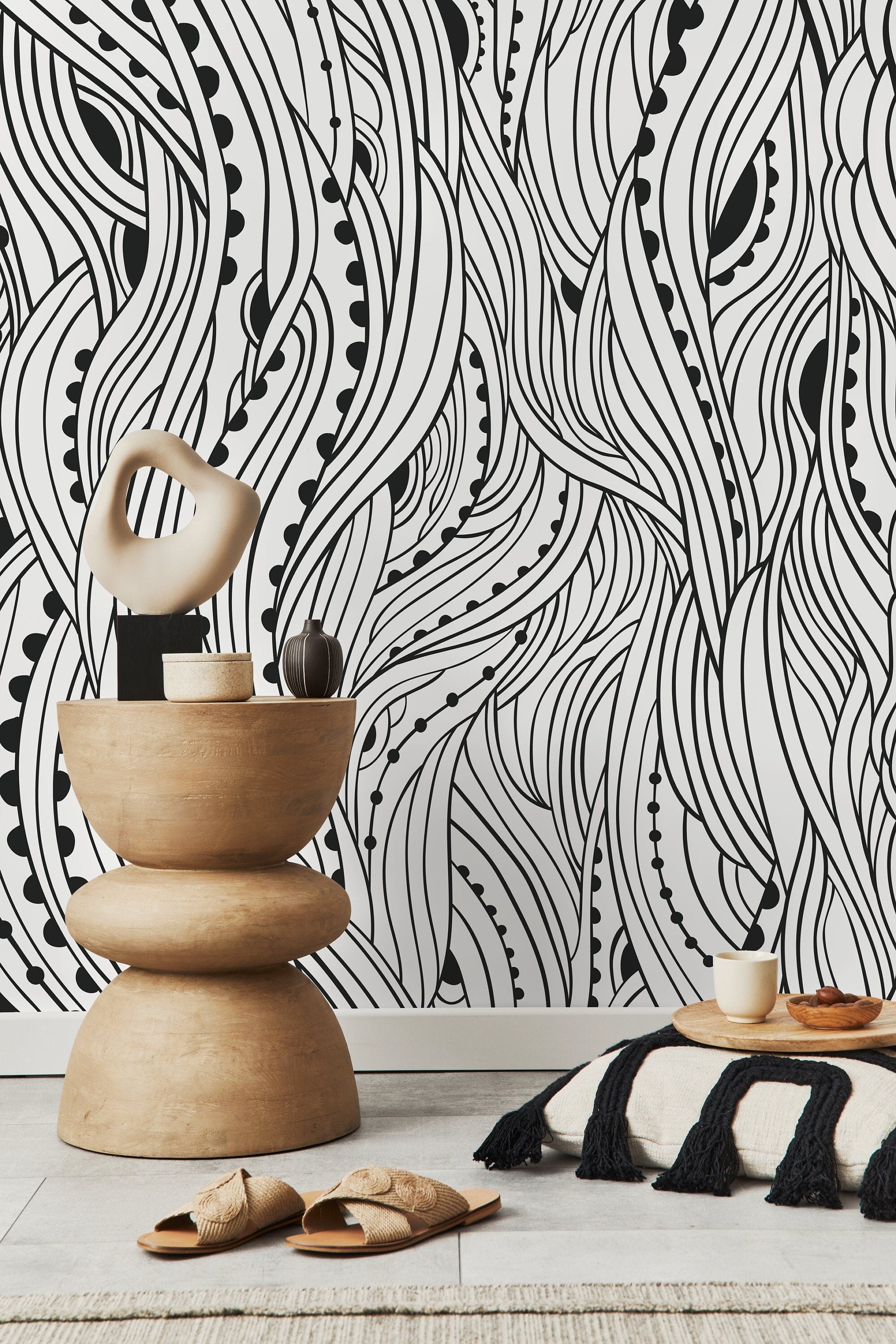 Abstract Wallpaper With Flowing Wavy Lines In Black And White - D176
