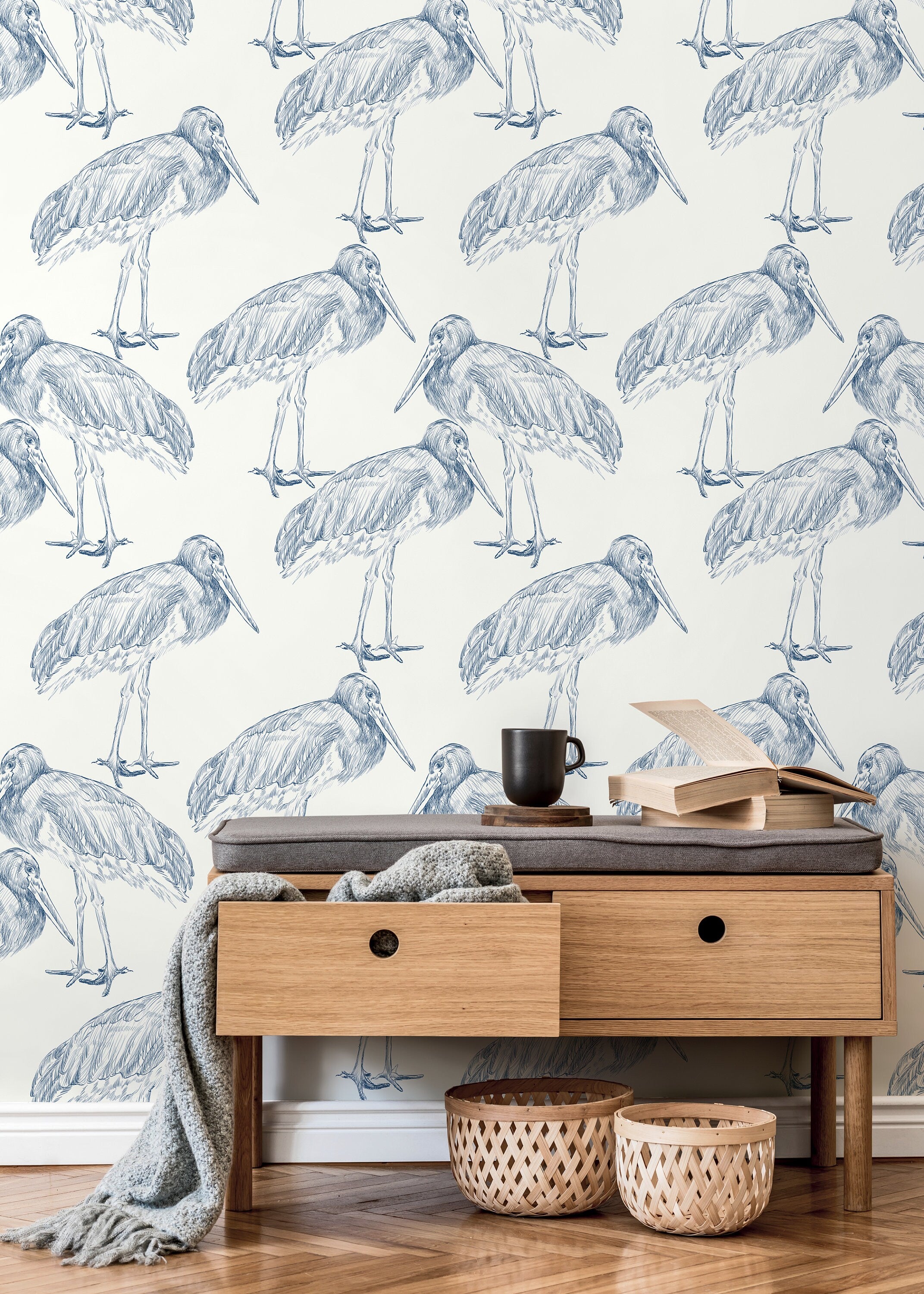 Bird Wallpaper With A Sketch Style Crane Motif In Blue - D058