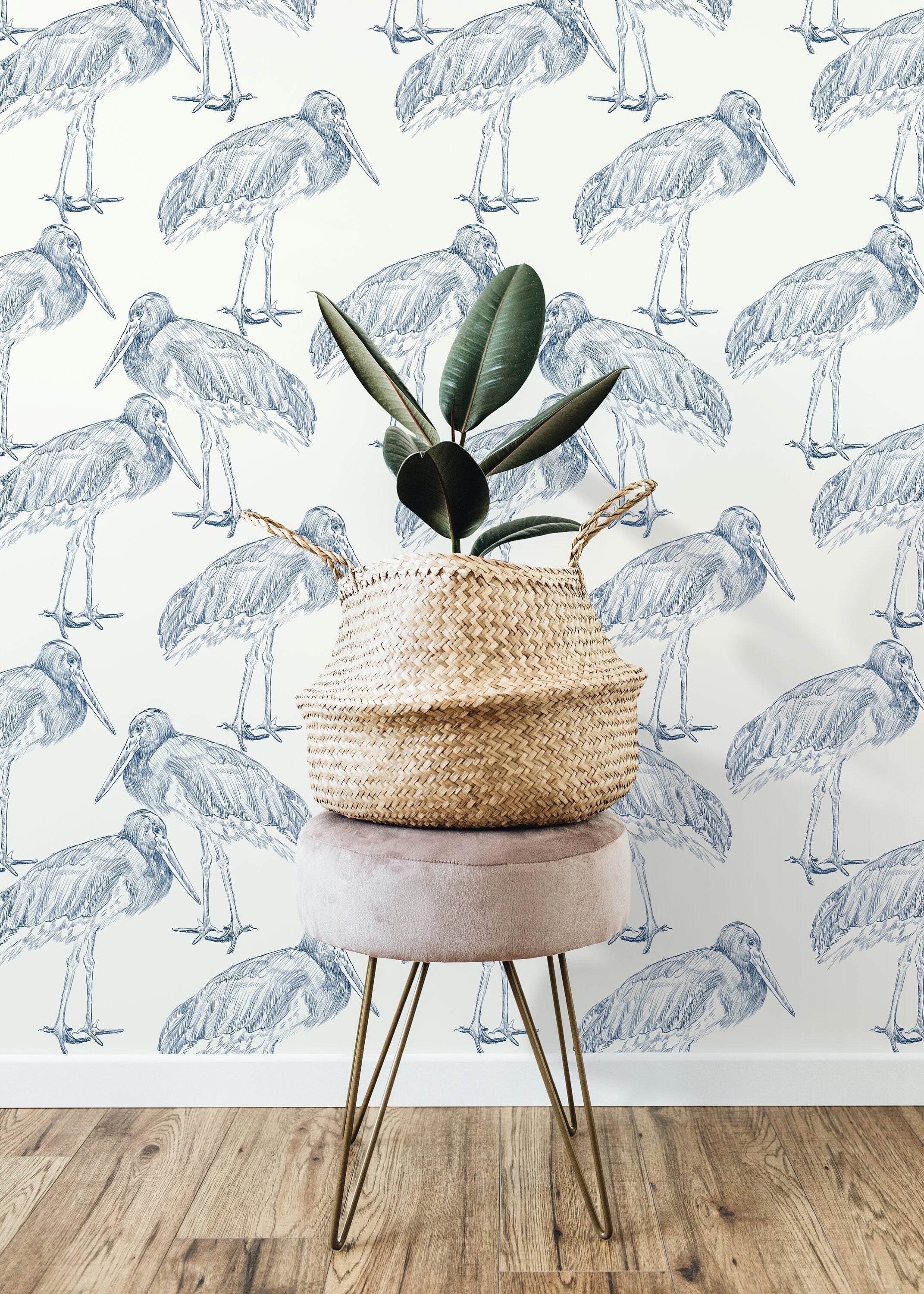 Bird Wallpaper With A Sketch Style Crane Motif In Blue - D058