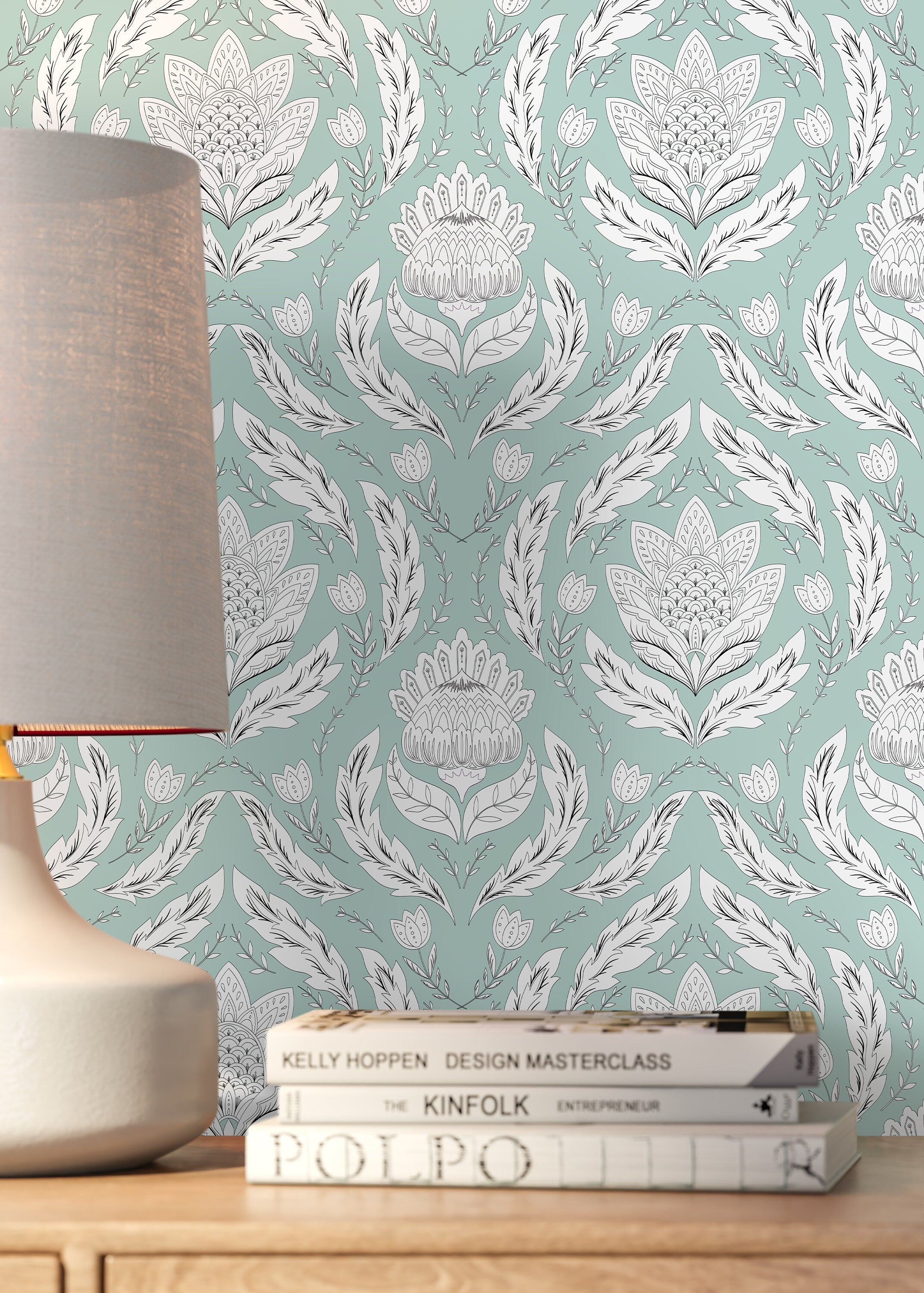 Damask Wallpaper With Stylized Floral Motifs In Mint, White, And Black - D060