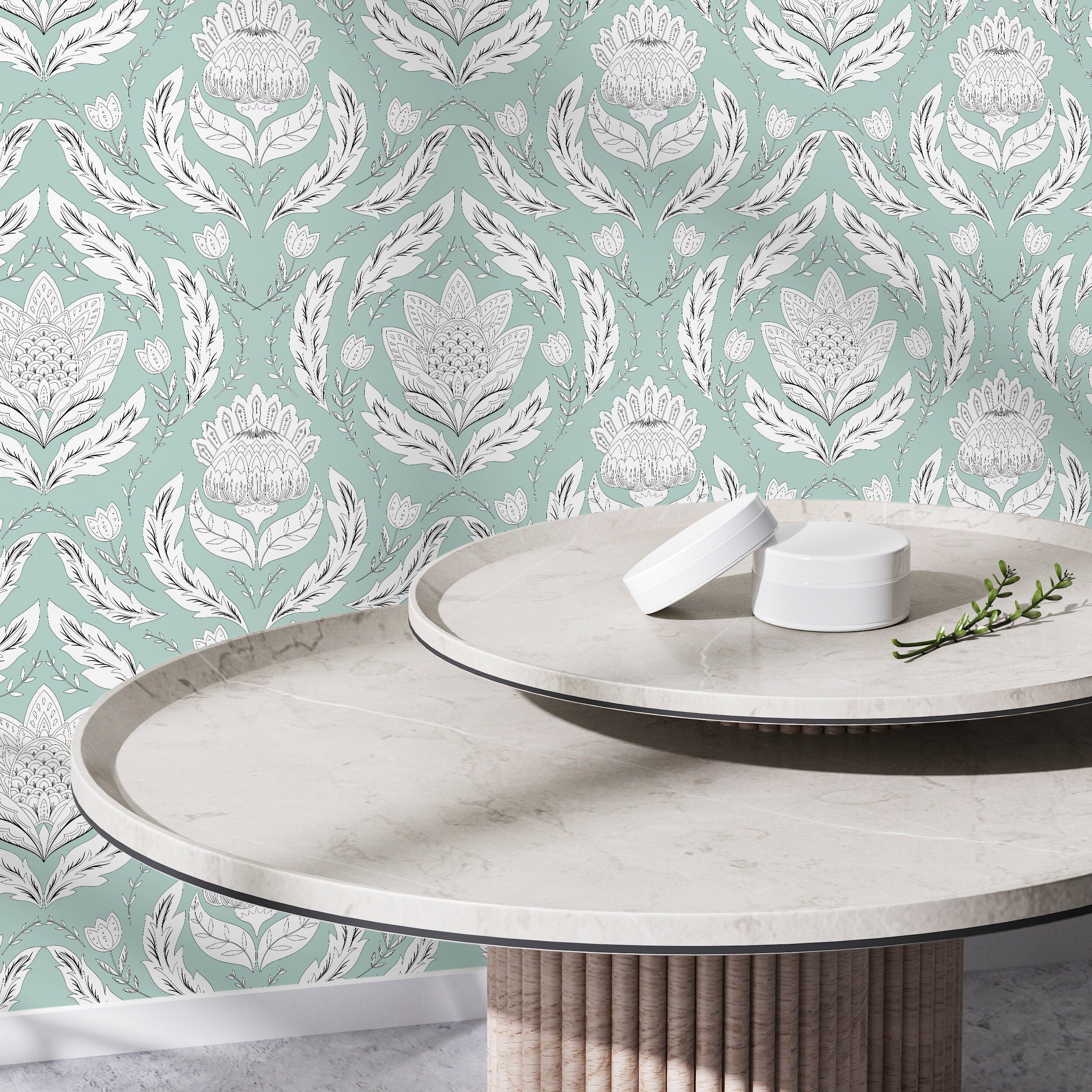 Damask Wallpaper With Stylized Floral Motifs In Mint, White, And Black - D060