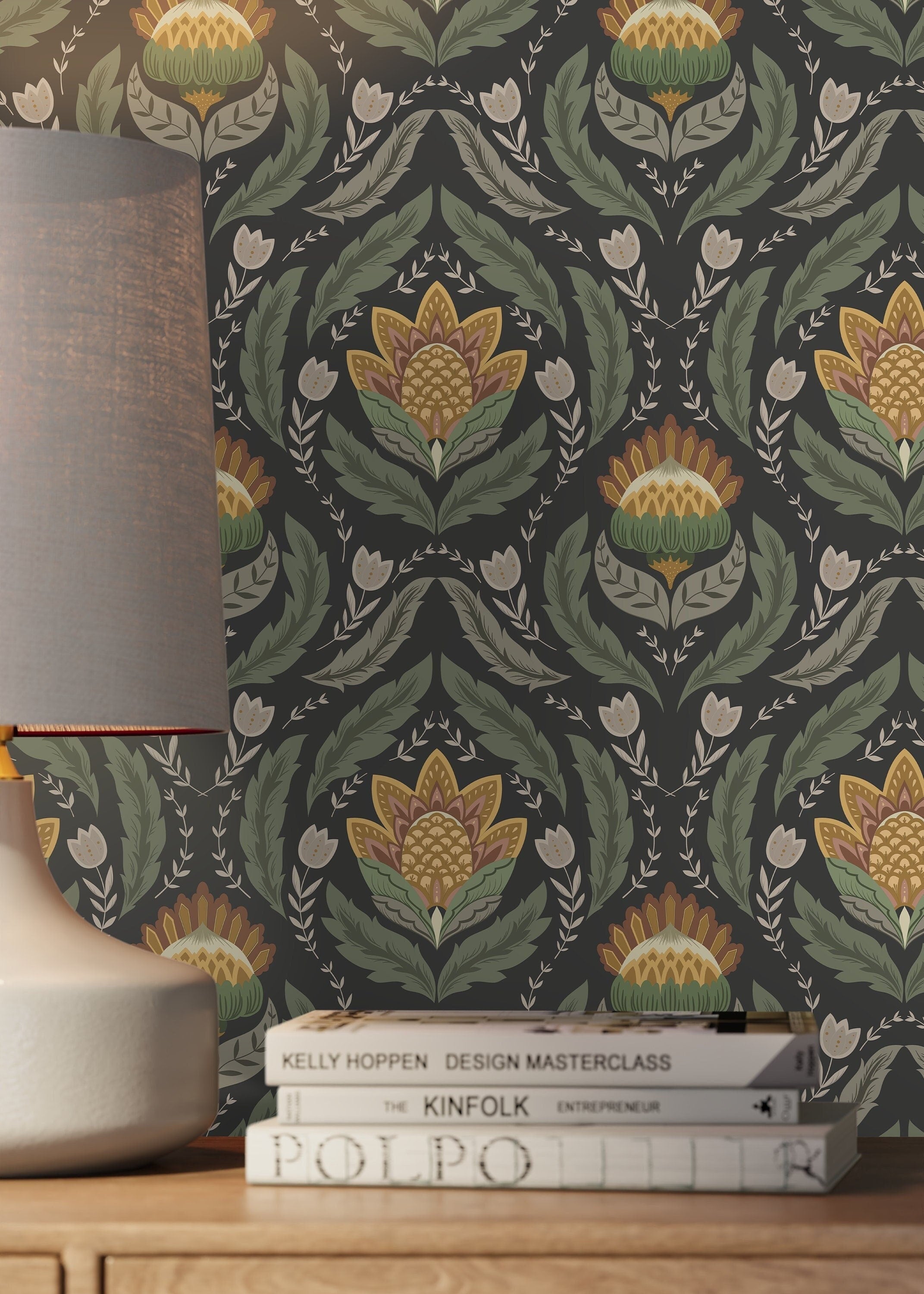Floral Wallpaper With A Victorian Damask Motif In Green, Yellow, And Charcoal - D062