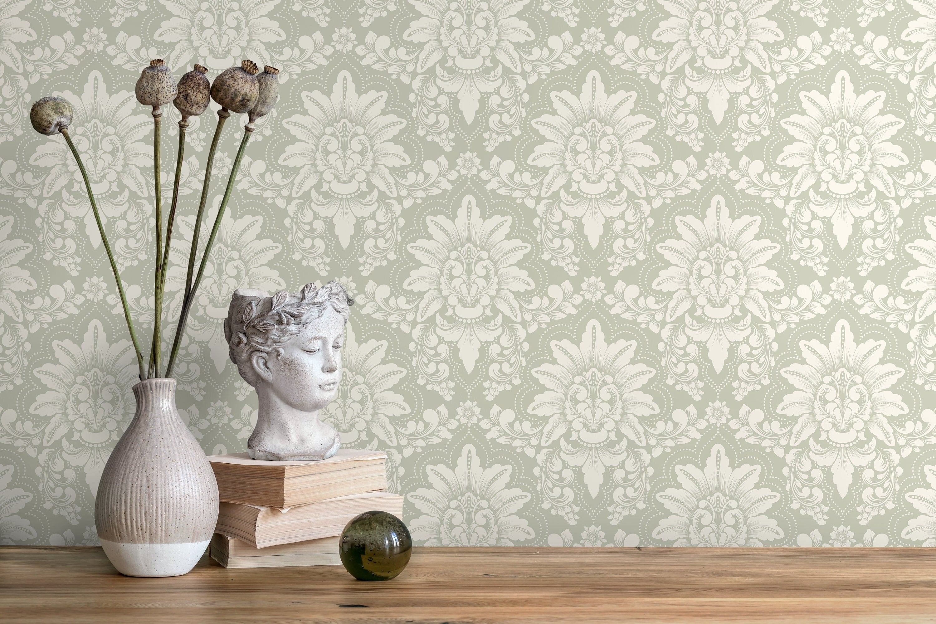 Damask Wallpaper With A Classic Ornate Motif In Sage Green And Cream - D064