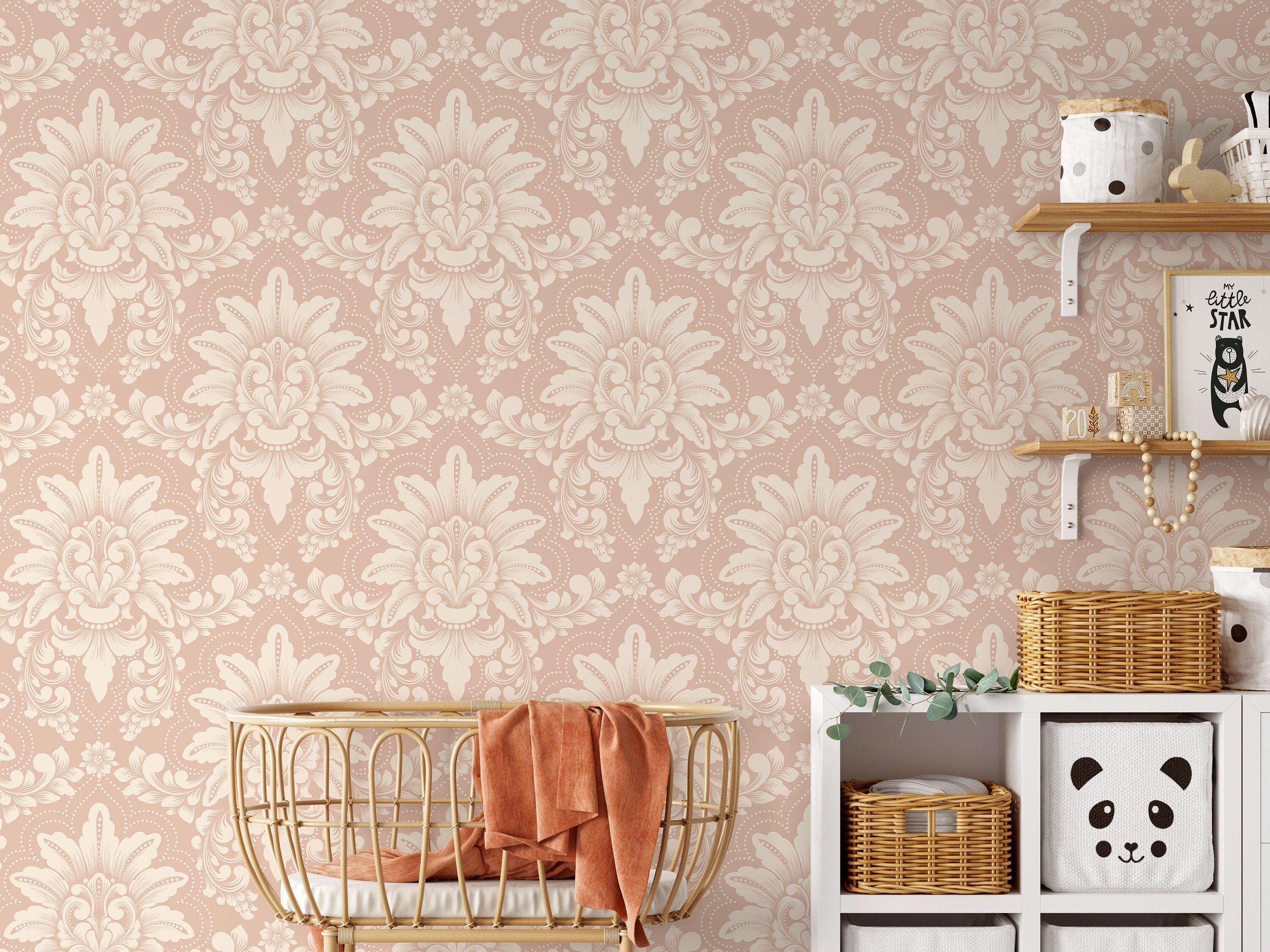 Damask Wallpaper Featuring Elegant Acanthus Leaves In Pink And Cream - D065