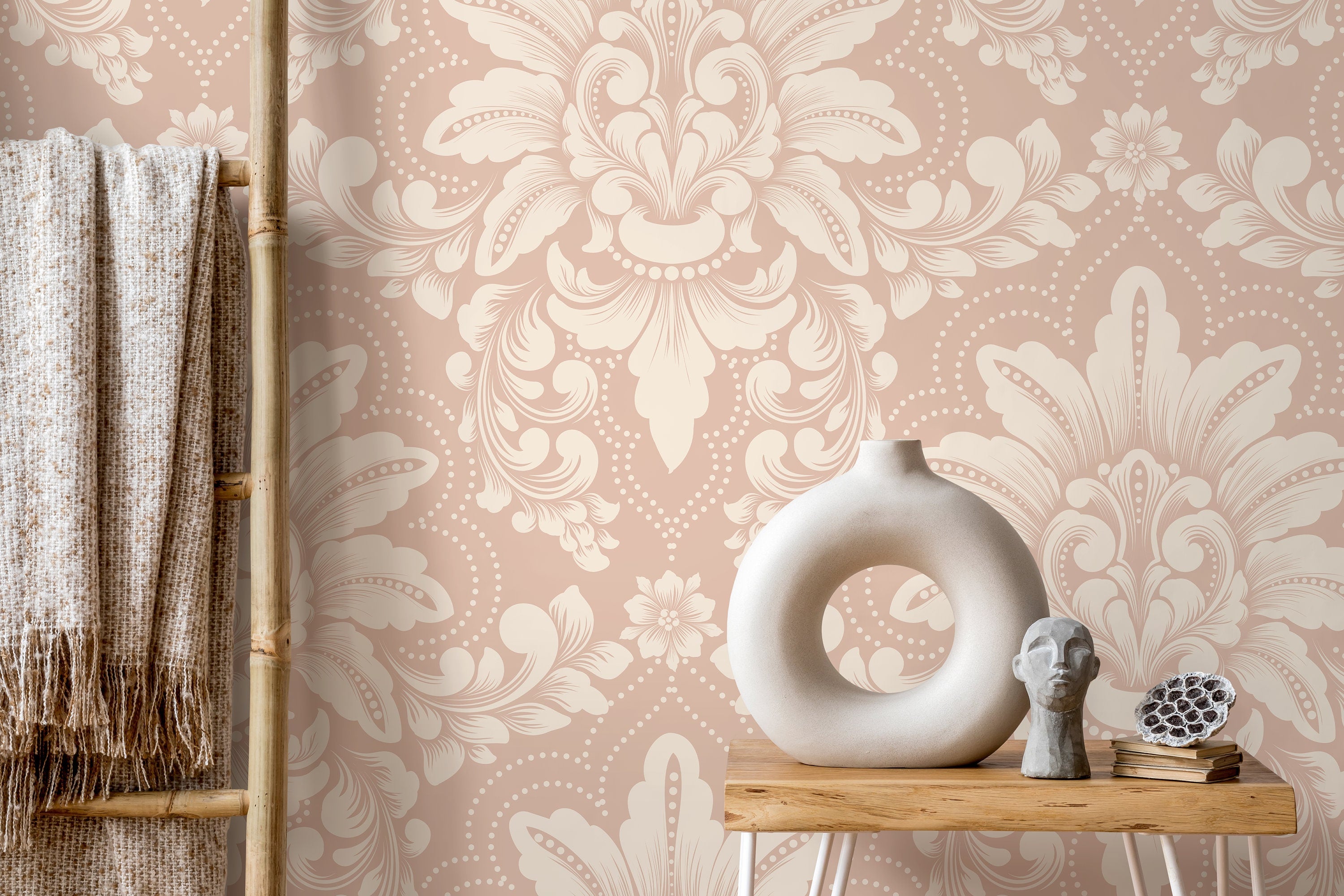 Damask Wallpaper Featuring Elegant Acanthus Leaves In Pink And Cream - D065