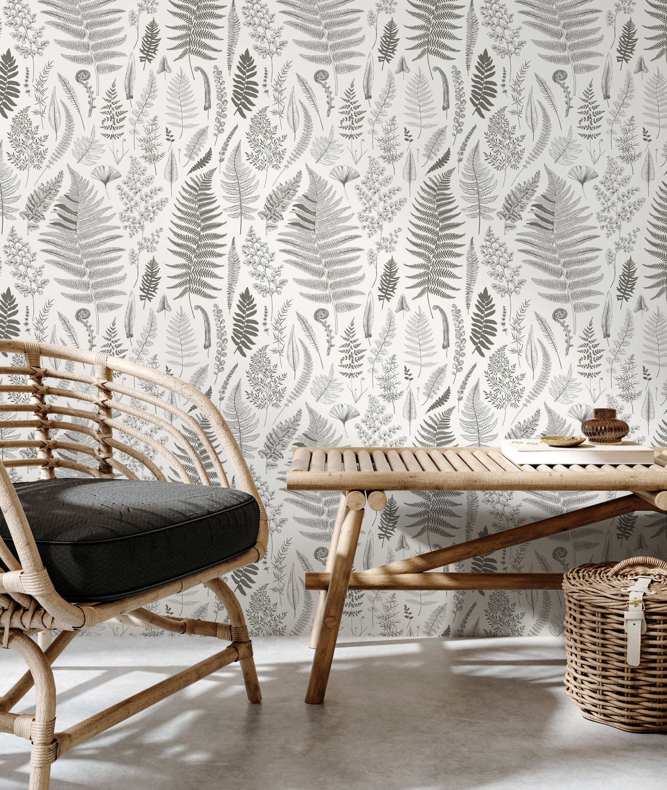 Botanical Wallpaper With A Vintage Fern Motif In Gray And Black - D066