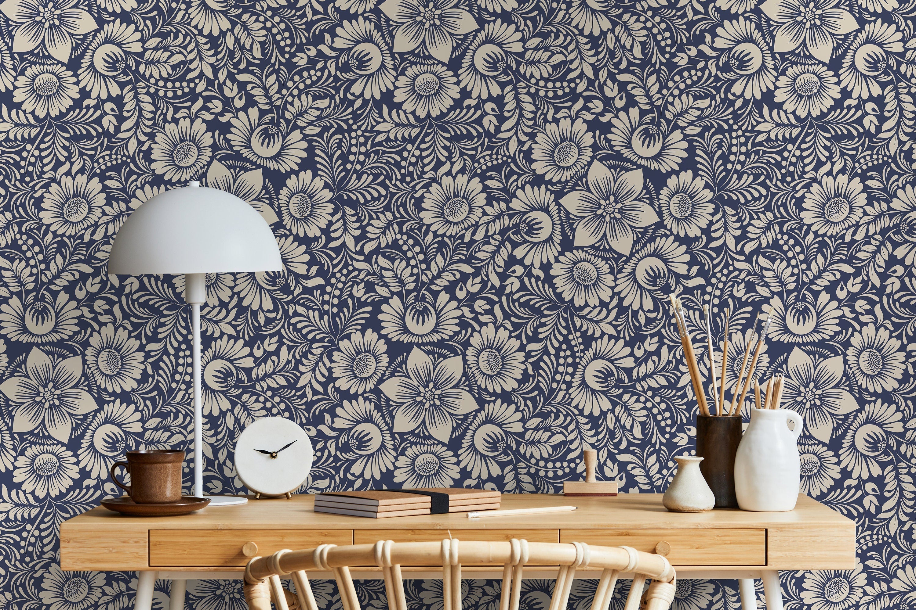 Floral Wallpaper With An Intricate Folk Art Motif In Blue And Beige - D068