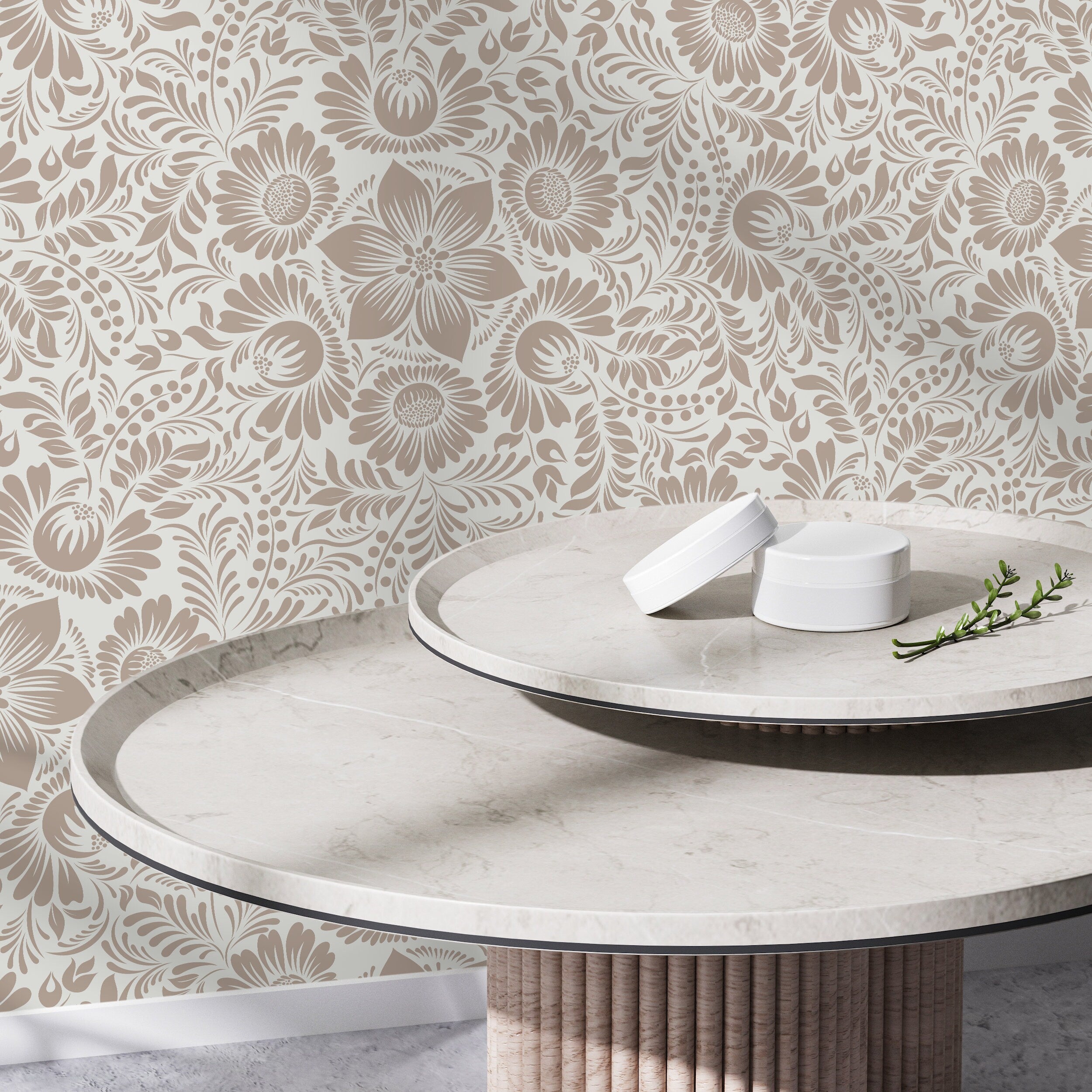 Floral Wallpaper With An Intricate Folk Art Motif In Taupe - D069