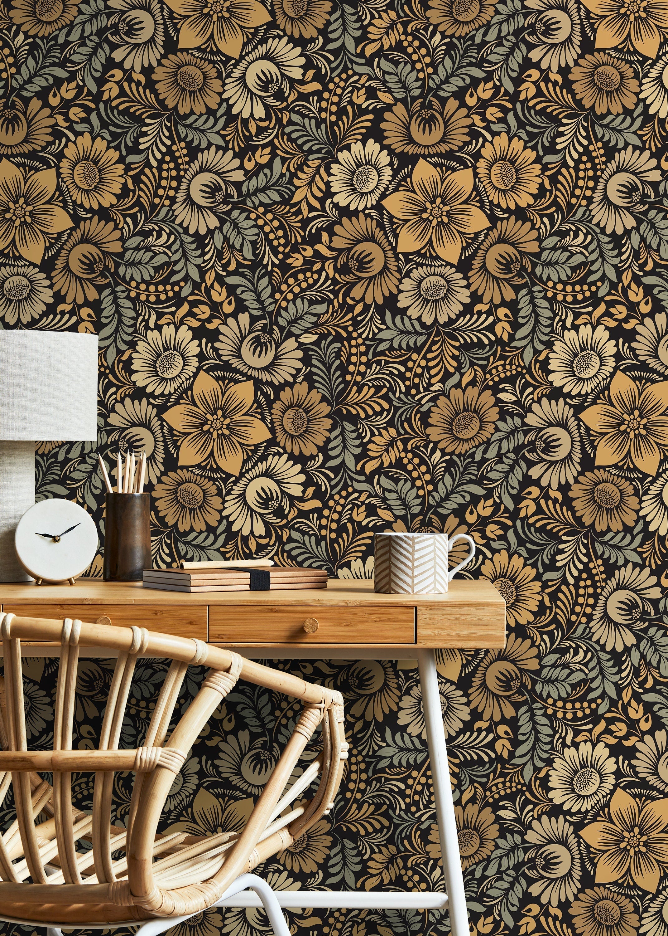 Floral Wallpaper With A Stylized Sunflower Damask In Gold, Sage Green, And Black - D071