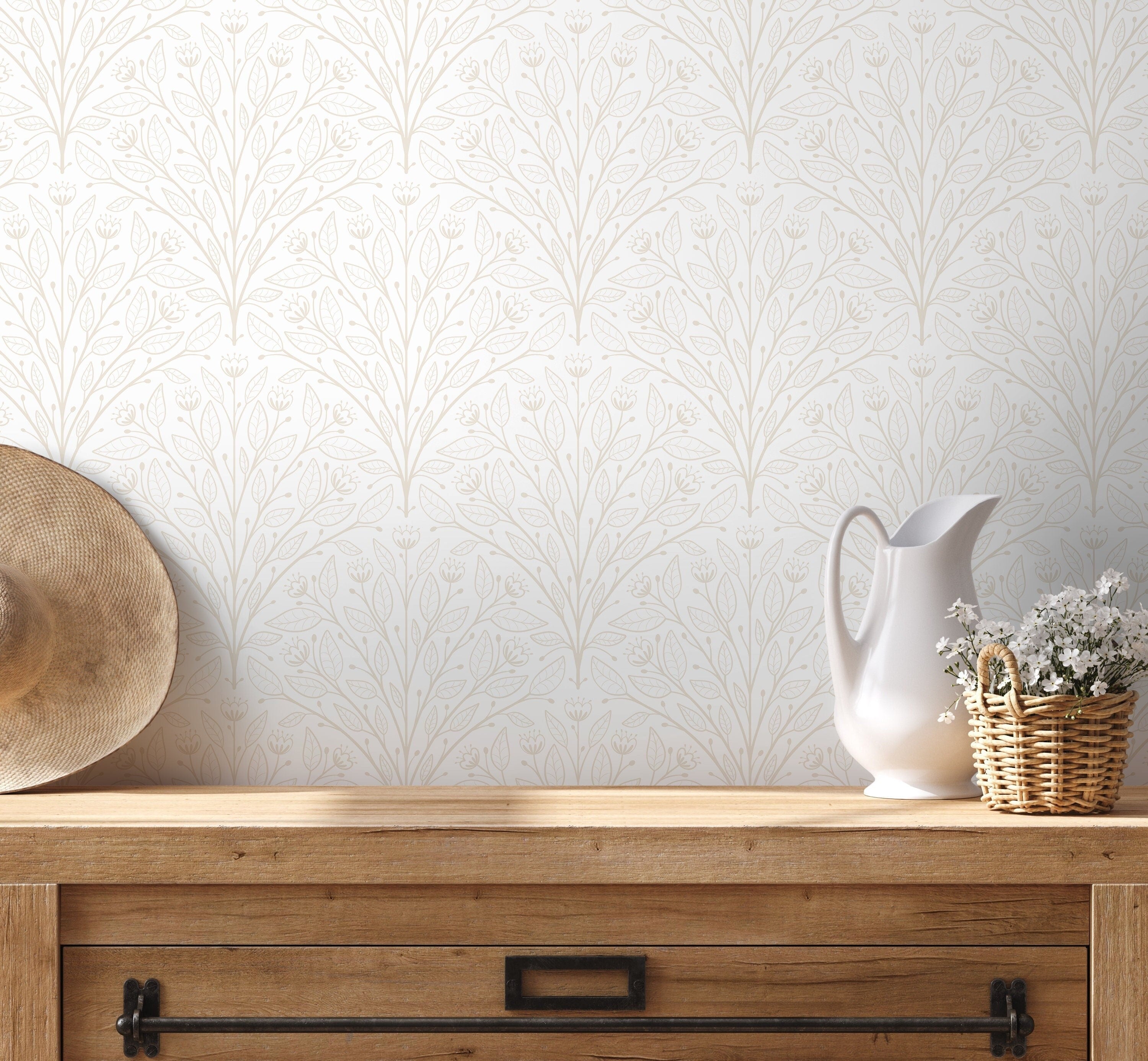 Botanical Wallpaper With A Symmetrical Vine Pattern In Beige - D042