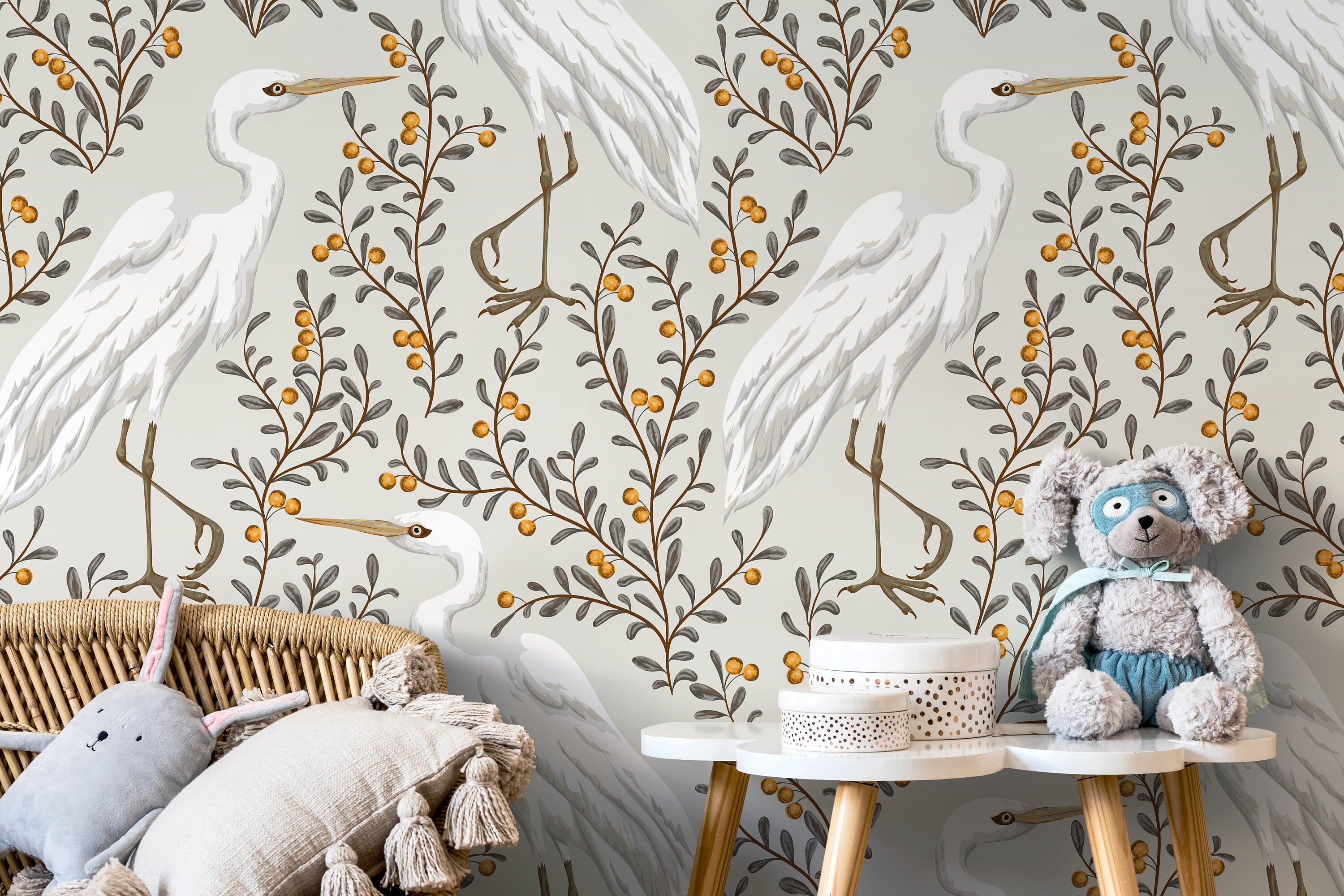 Bird Wallpaper With Elegant Cranes And Berries In Gray, Brown, And Yellow - D073