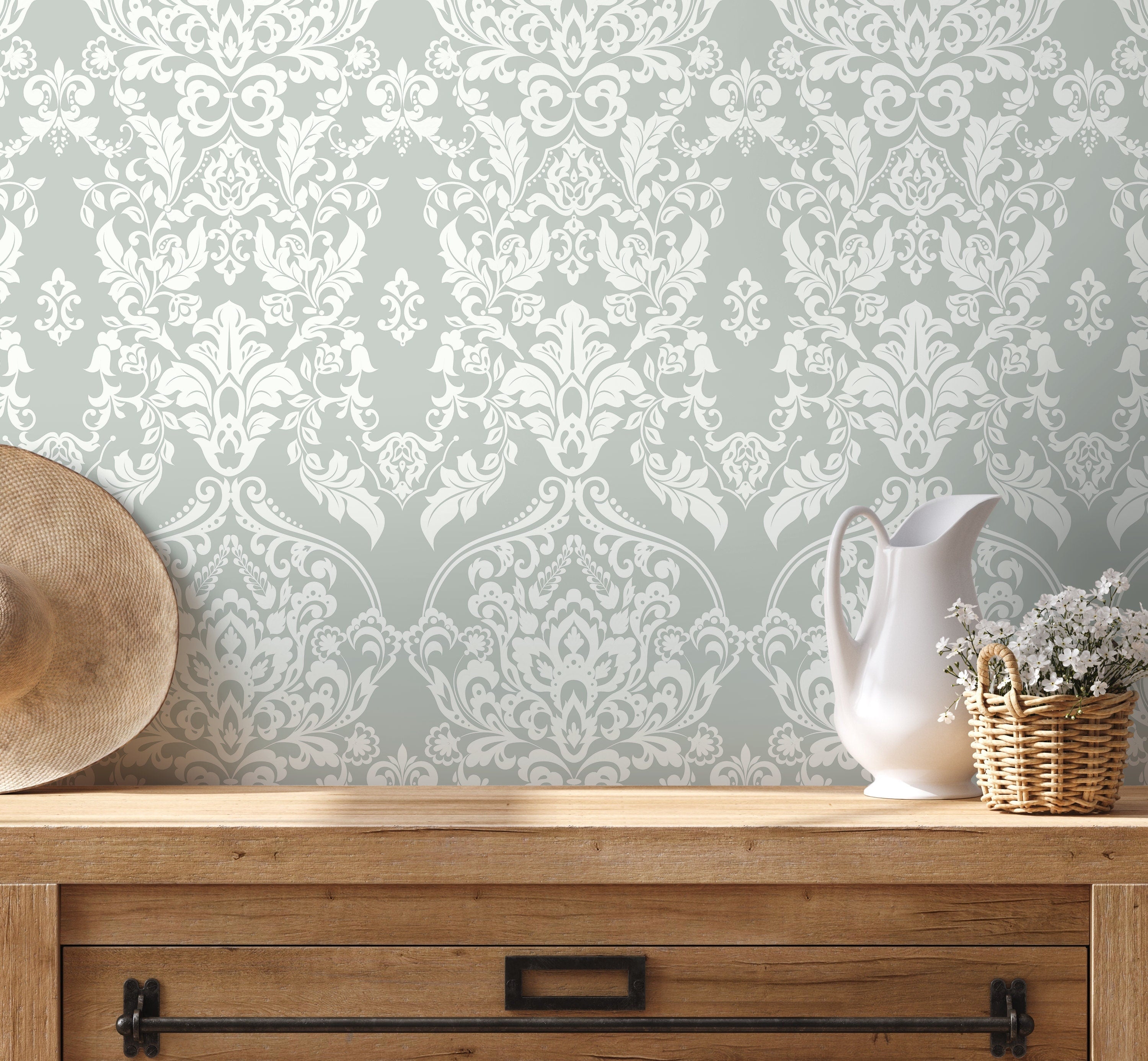 Damask Wallpaper With A Vintage Floral Motif In Sage Green And White - D074