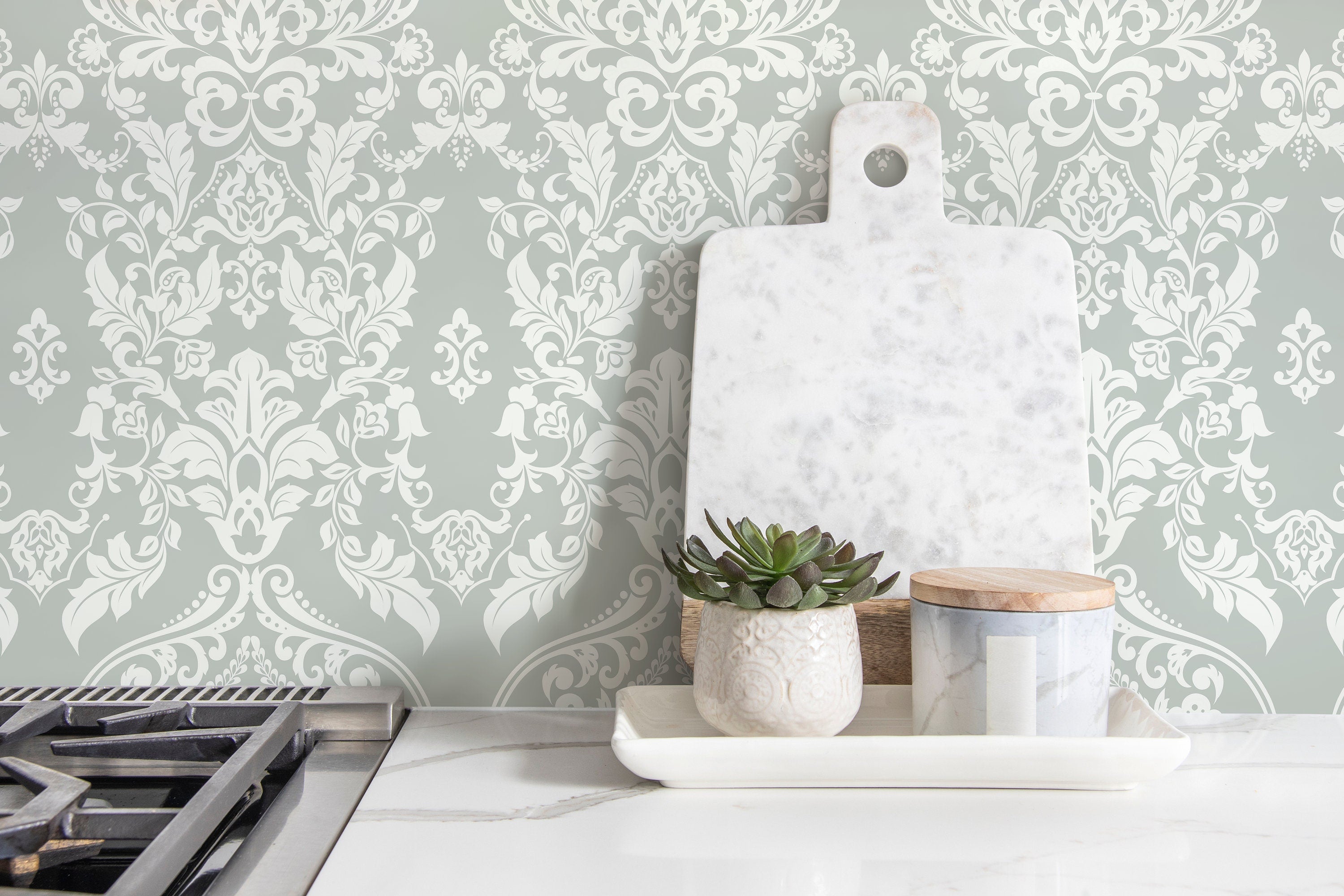 Damask Wallpaper With A Vintage Floral Motif In Sage Green And White - D074