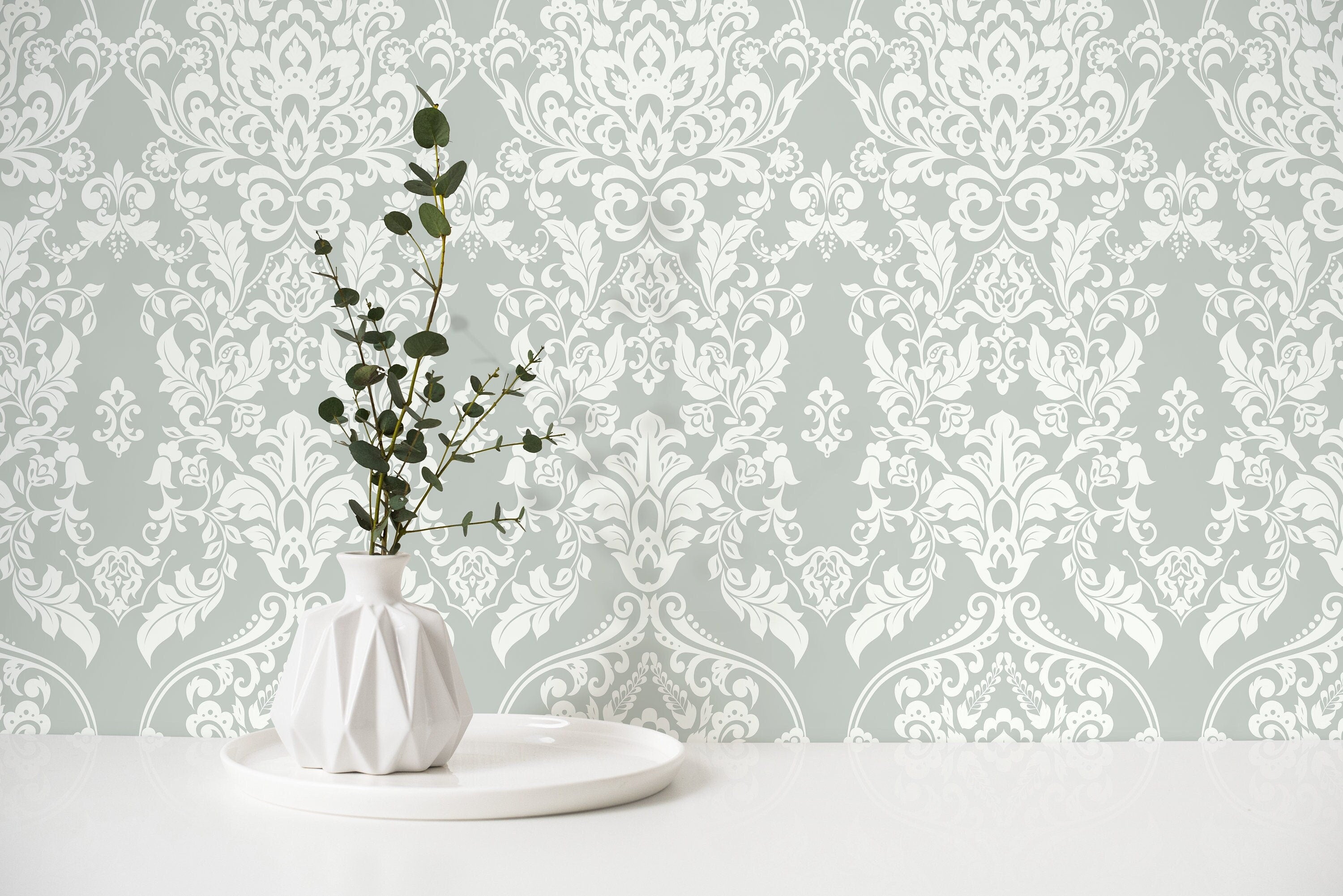 Damask Wallpaper With A Vintage Floral Motif In Sage Green And White - D074