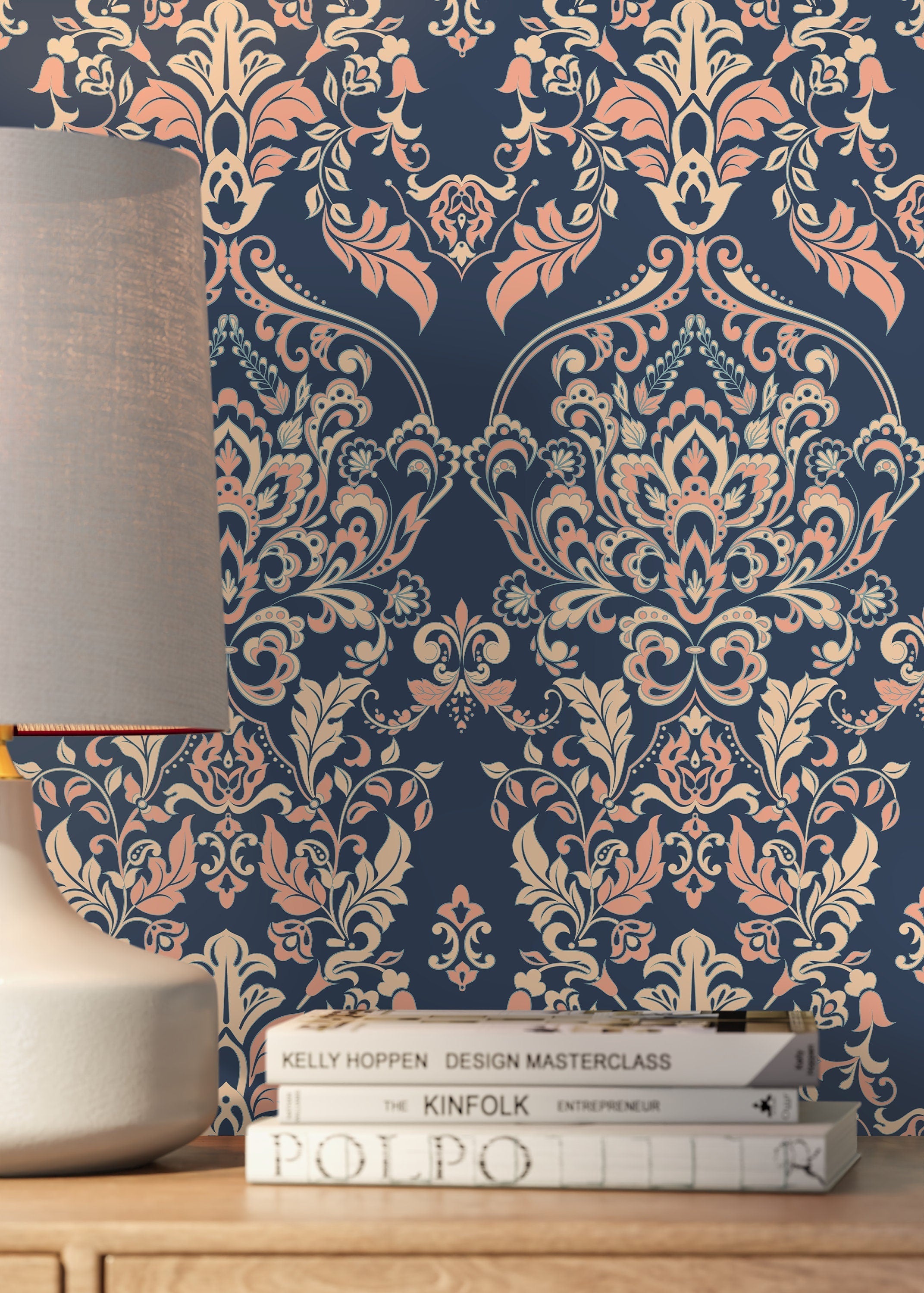 Victorian Damask Wallpaper With An Ornate Motif In Navy Blue, Peach, And Beige - D075