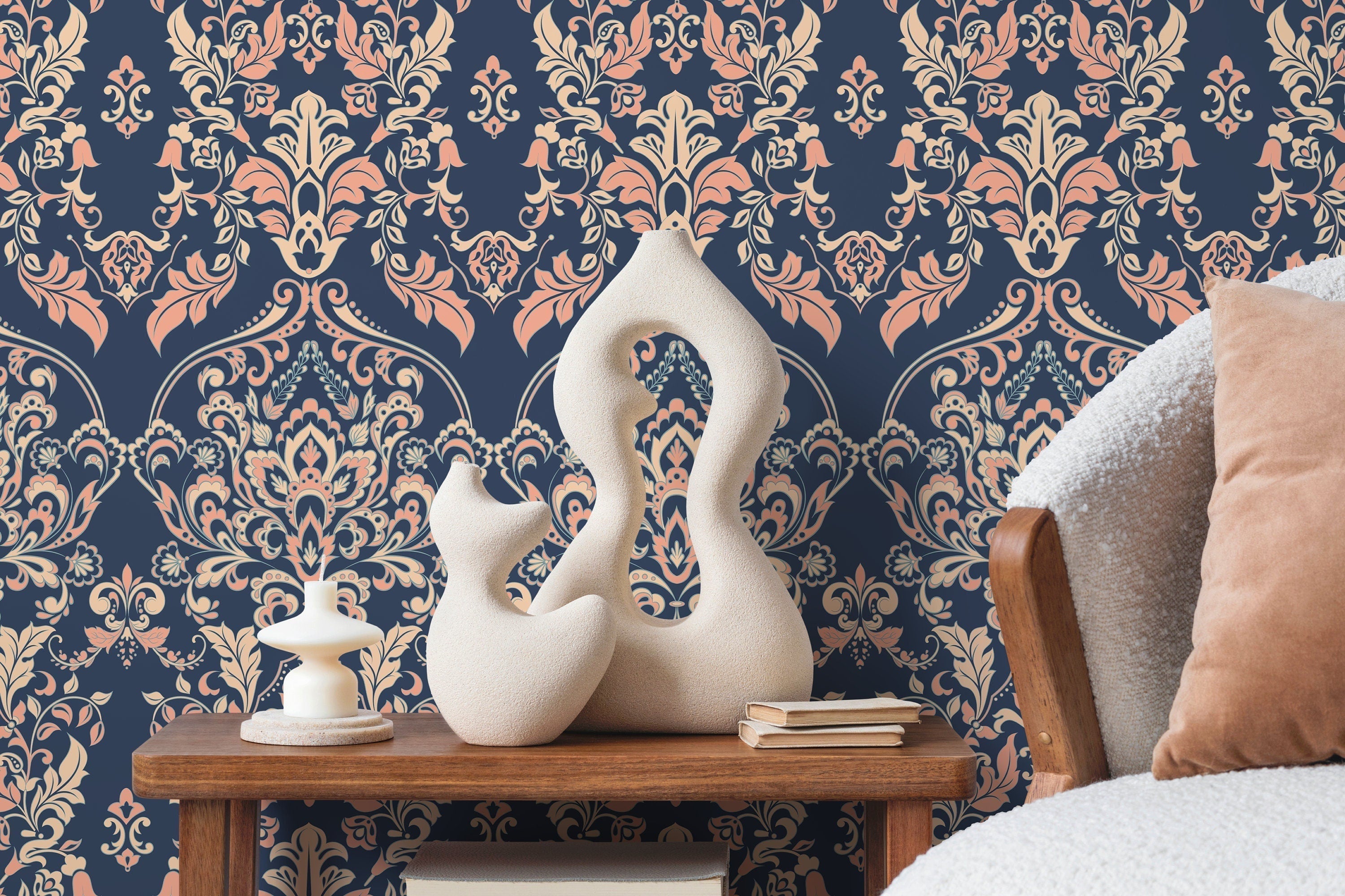 Victorian Damask Wallpaper With An Ornate Motif In Navy Blue, Peach, And Beige - D075