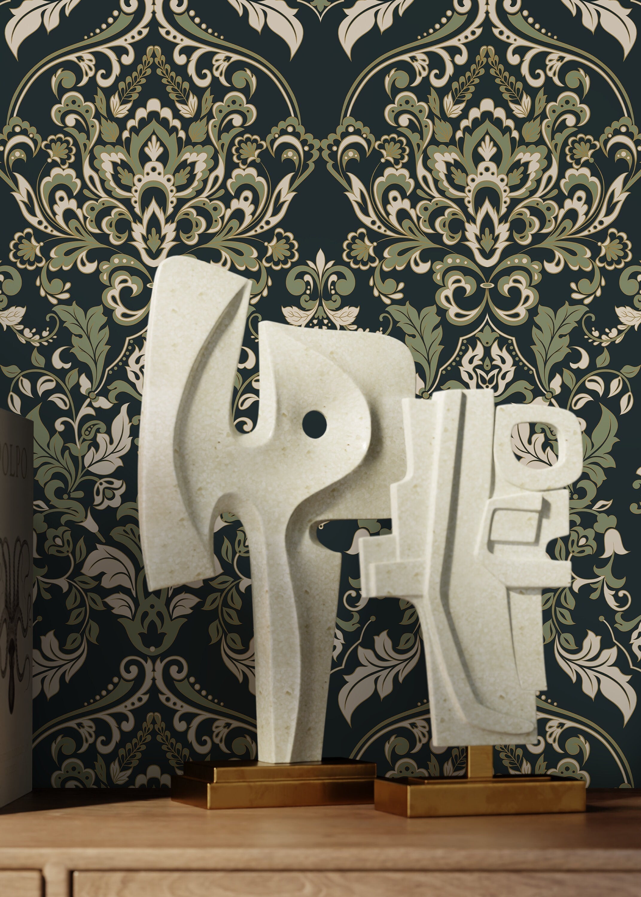 Damask Wallpaper With An Ornate Victorian Motif In Green And Beige - D077