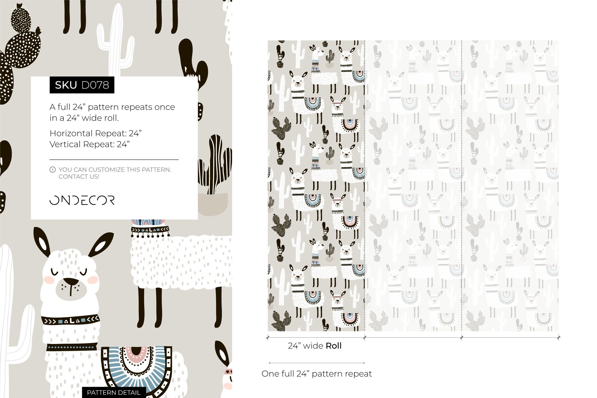 Animal Wallpaper With Llama And Cactus Motifs In Gray, White, And Black - D078
