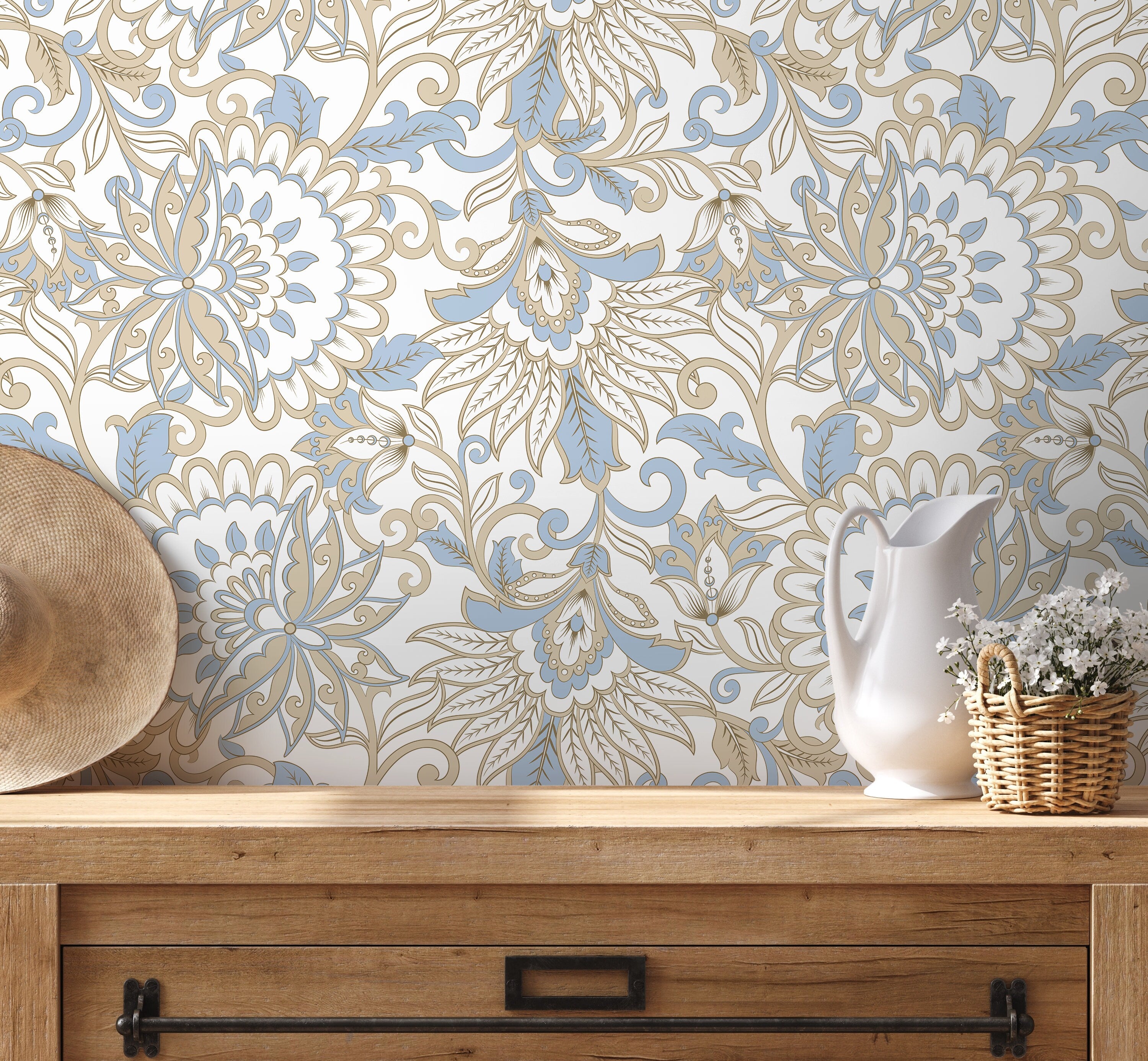 Victorian Wallpaper With An Elegant Floral Damask Motif In Blue And Beige - D079
