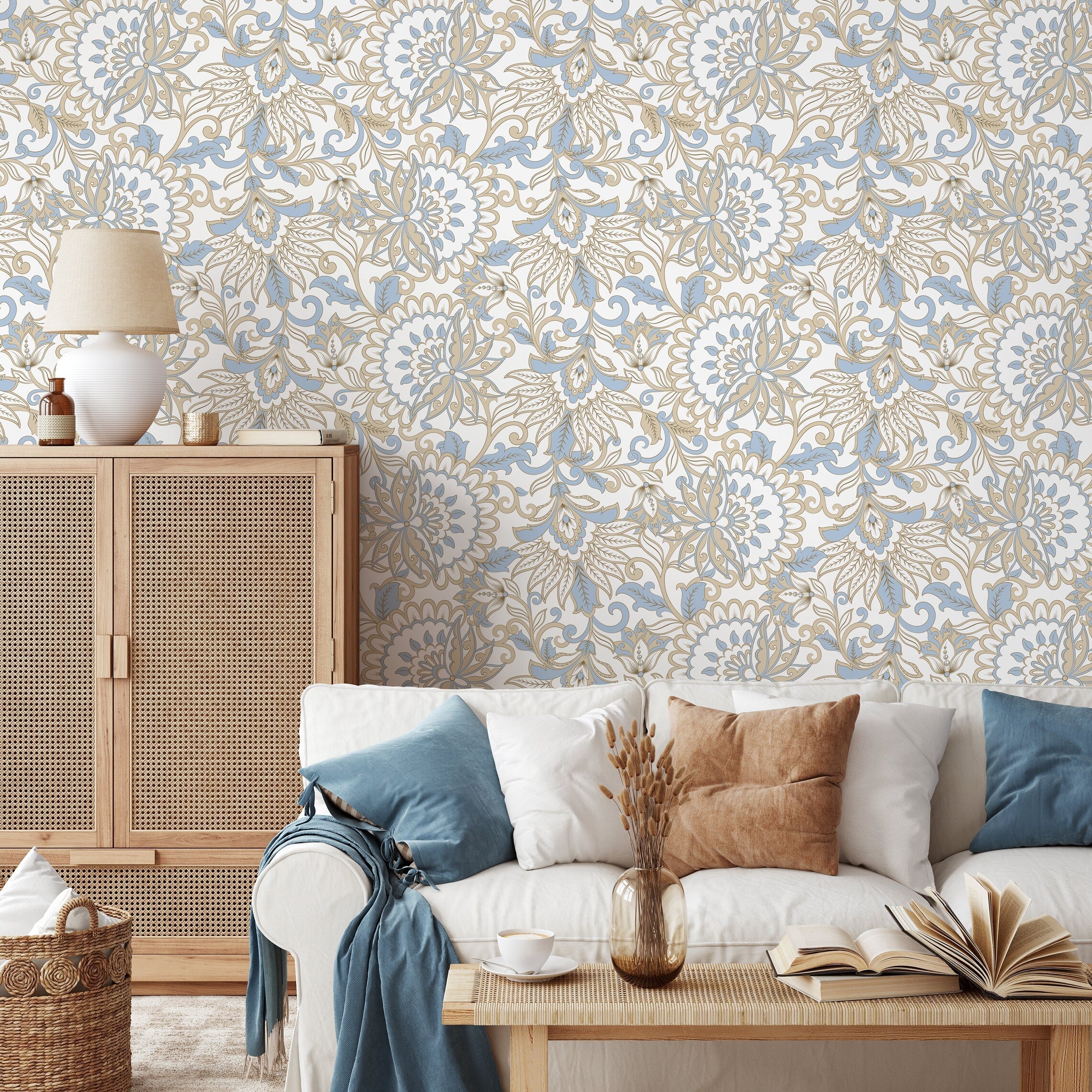 Victorian Wallpaper With An Elegant Floral Damask Motif In Blue And Beige - D079