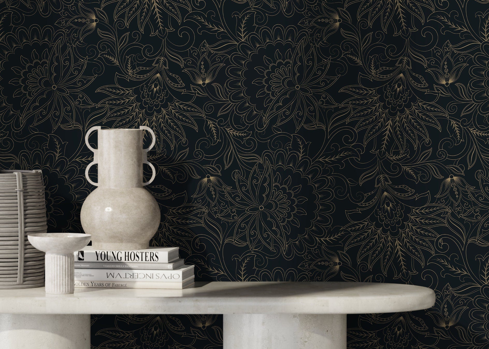 Victorian Wallpaper With Intricate Floral Scrolls In Black And Gold - D081