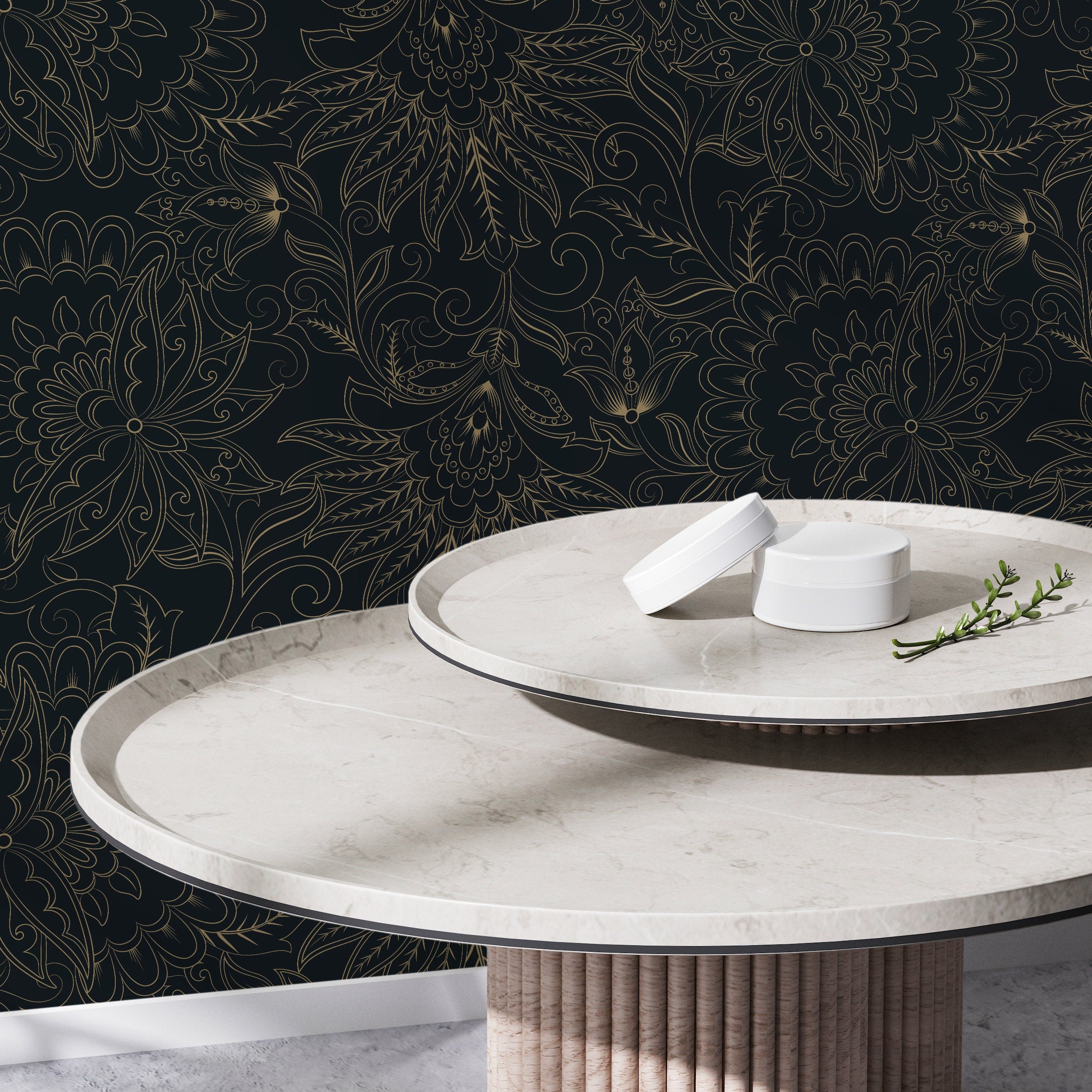 Victorian Wallpaper With Intricate Floral Scrolls In Black And Gold - D081