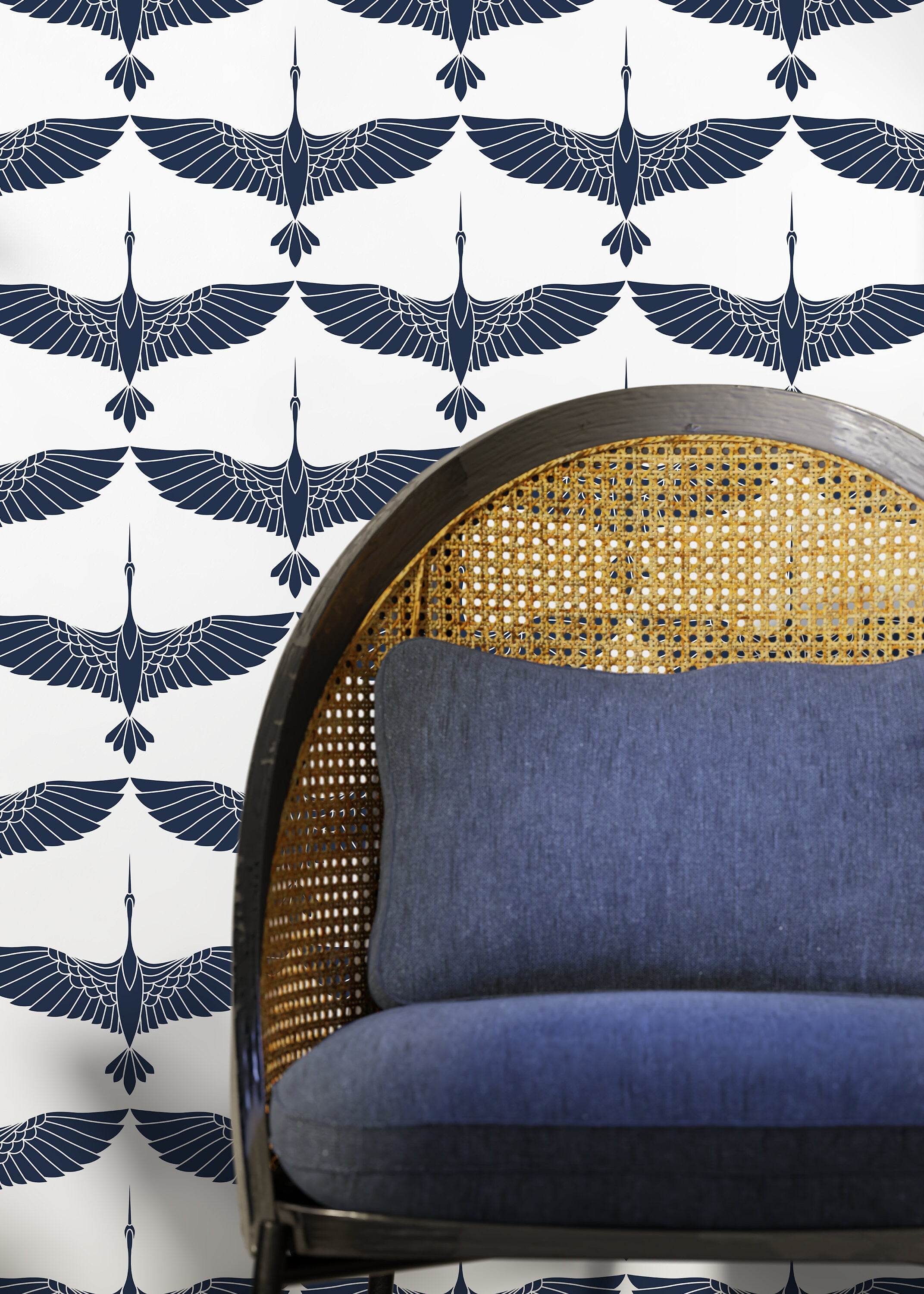 Art Deco Wallpaper With Flying Cranes In Navy Blue And Light Grey - D083