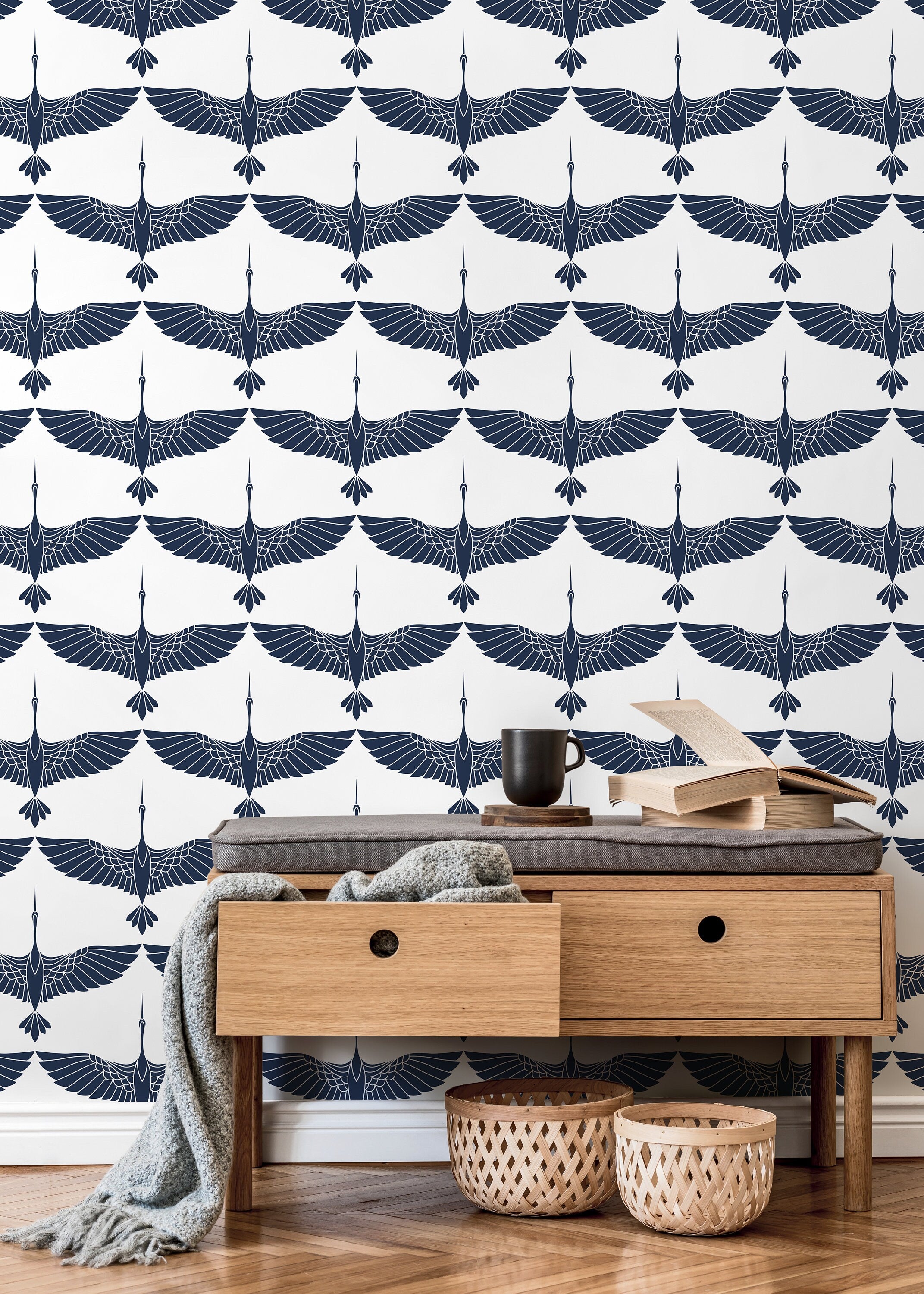 Art Deco Wallpaper With Flying Cranes In Navy Blue And Light Grey - D083