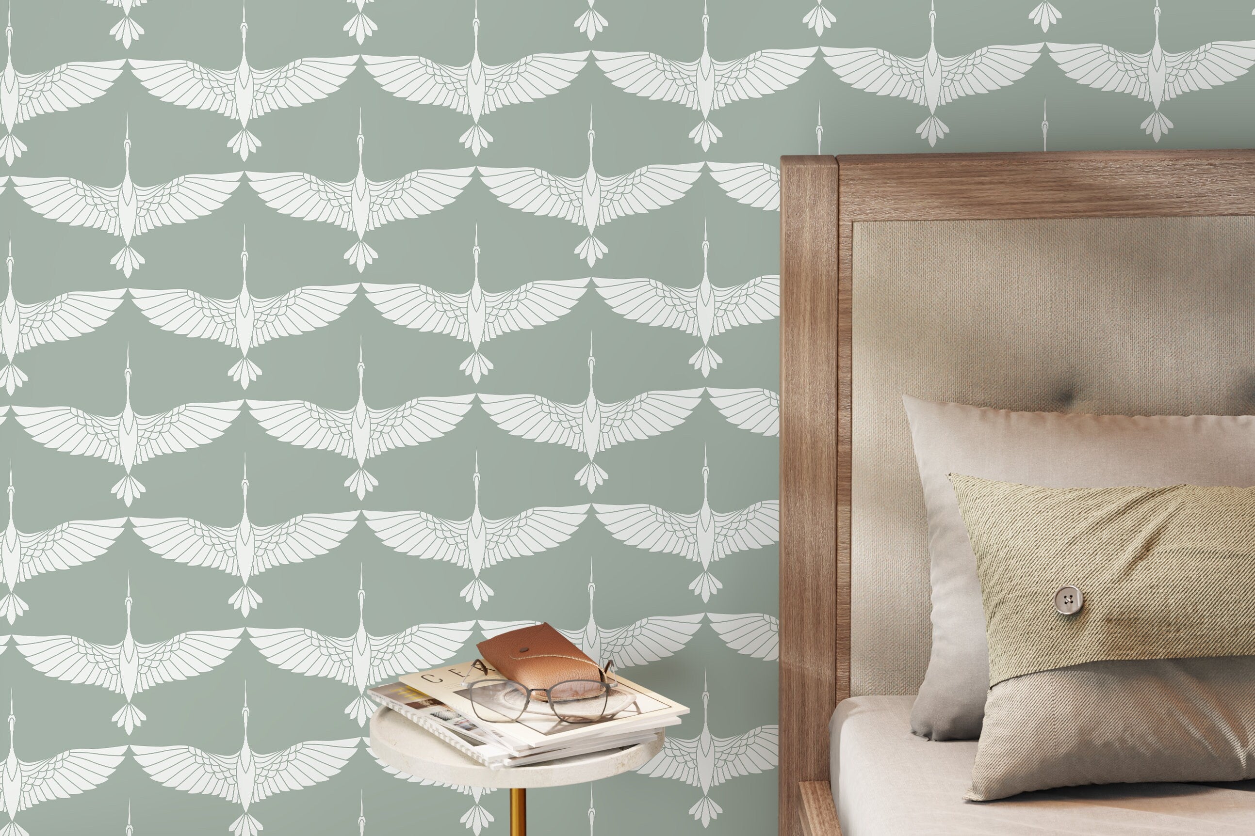 Art Deco Wallpaper With A Stylized Crane Motif In Sage Green And White - D084