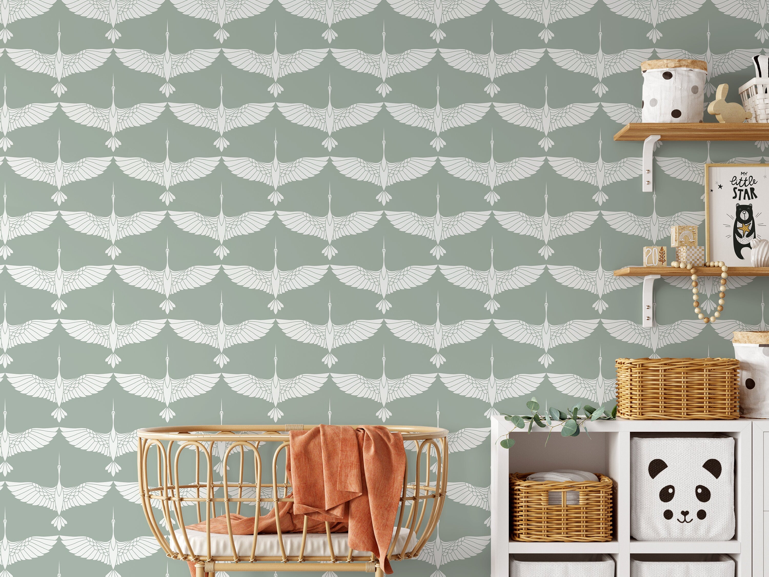 Art Deco Wallpaper With A Stylized Crane Motif In Sage Green And White - D084