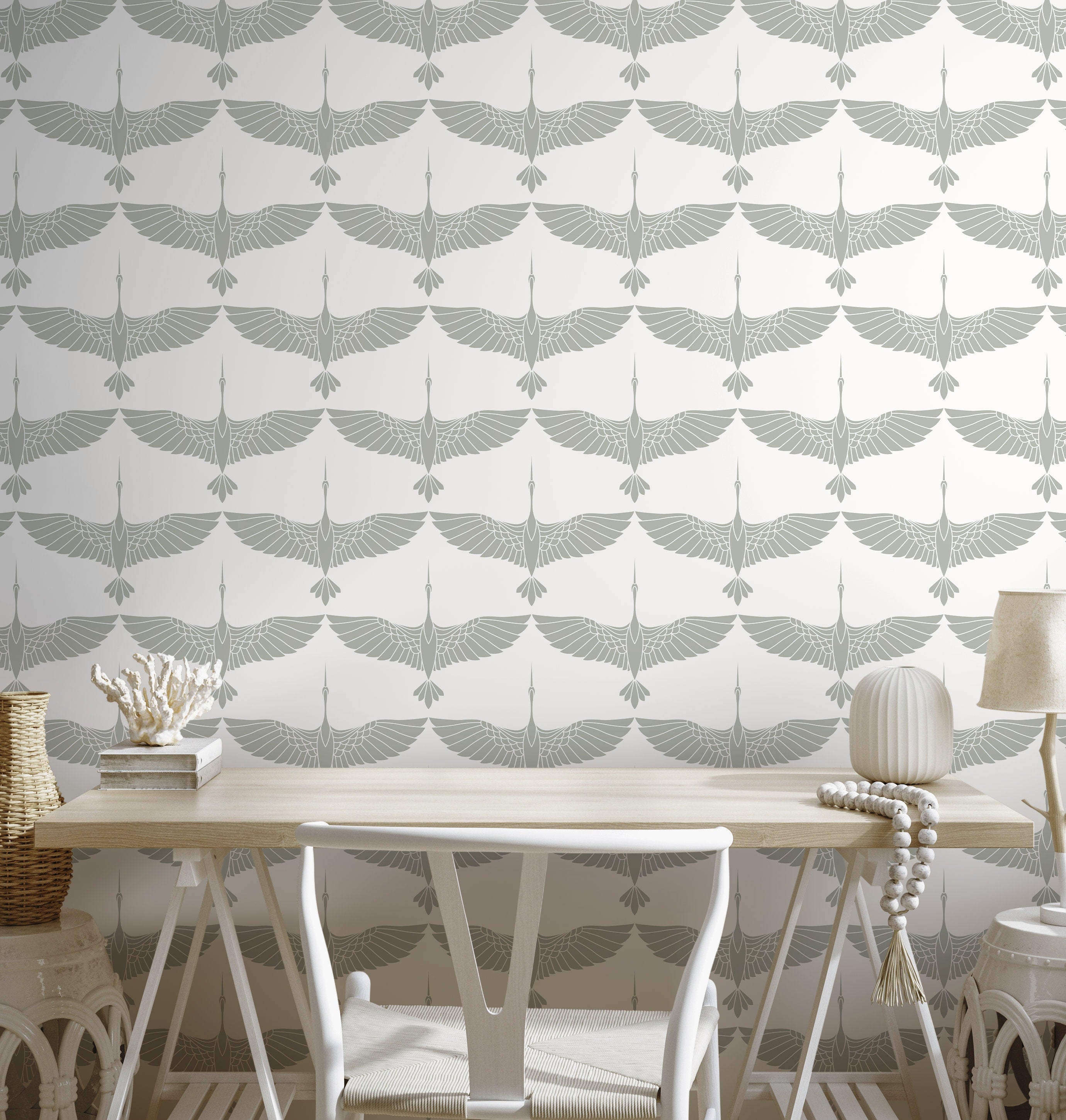 Art Deco Wallpaper With A Stylized Crane Pattern In Gray - Cc-d086
