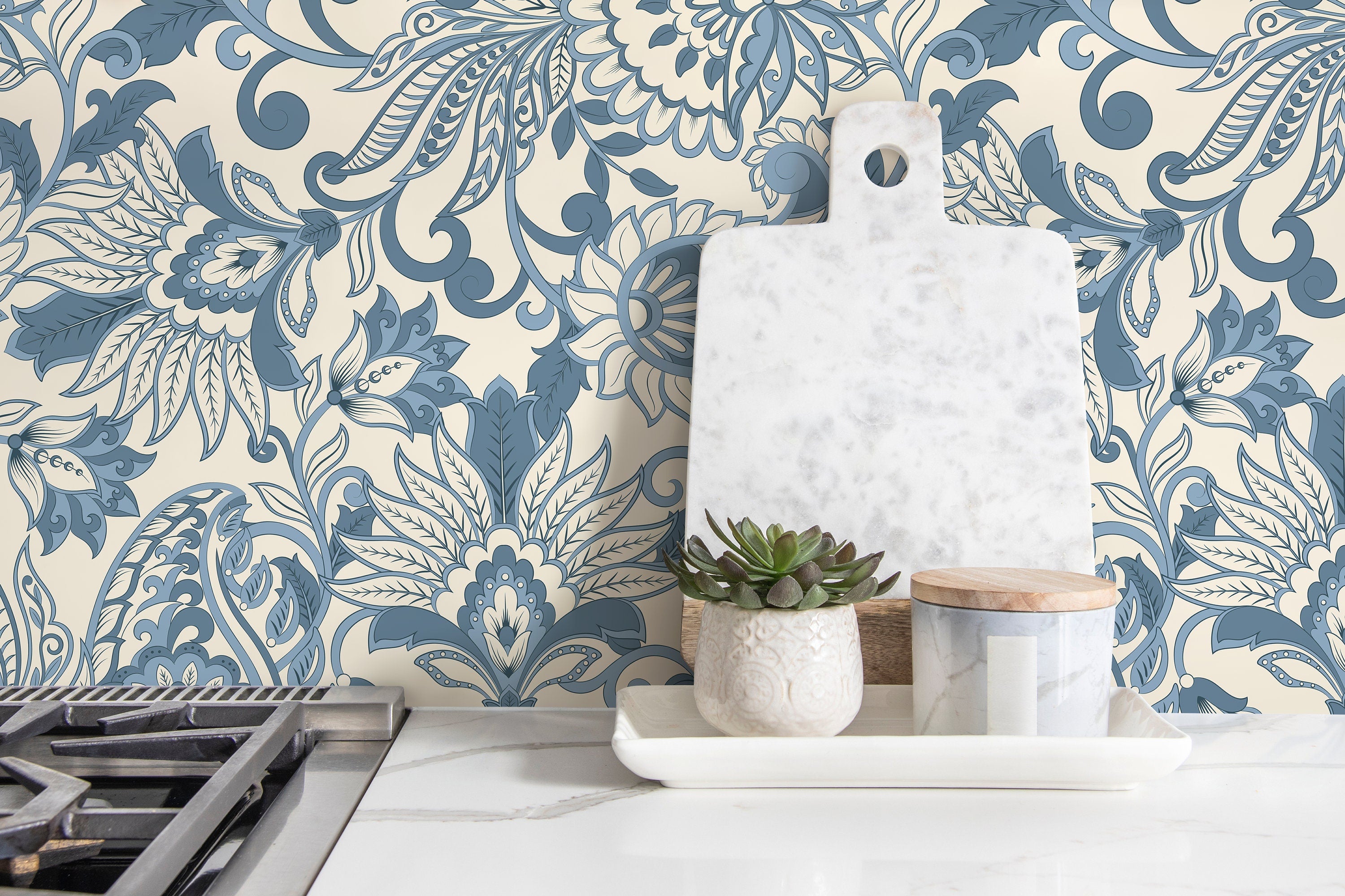 Victorian Wallpaper With An Intricate Paisley Motif In Blue And Cream - D087