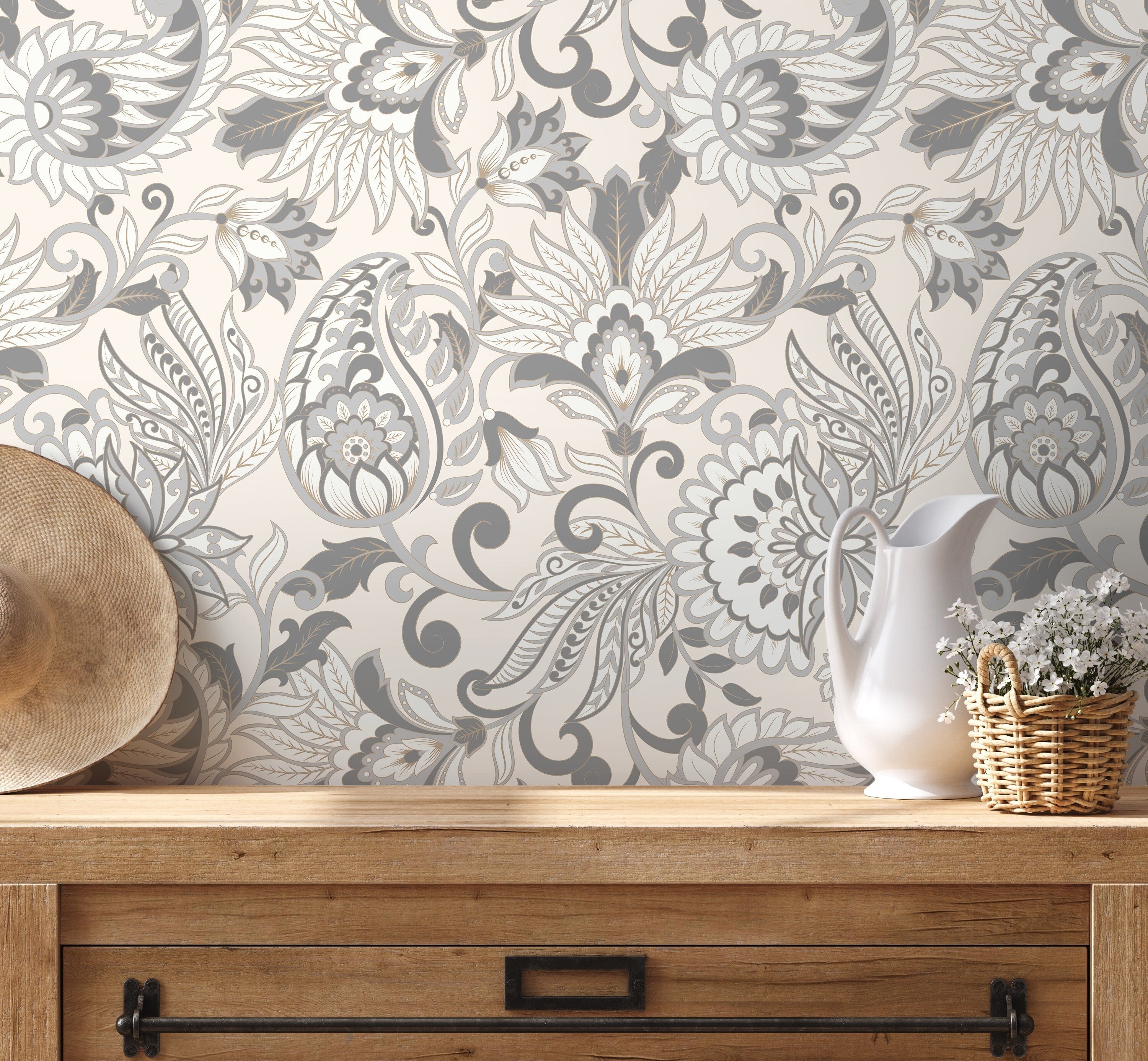 Victorian Wallpaper With An Elegant Paisley Damask In Gray And Beige - D088