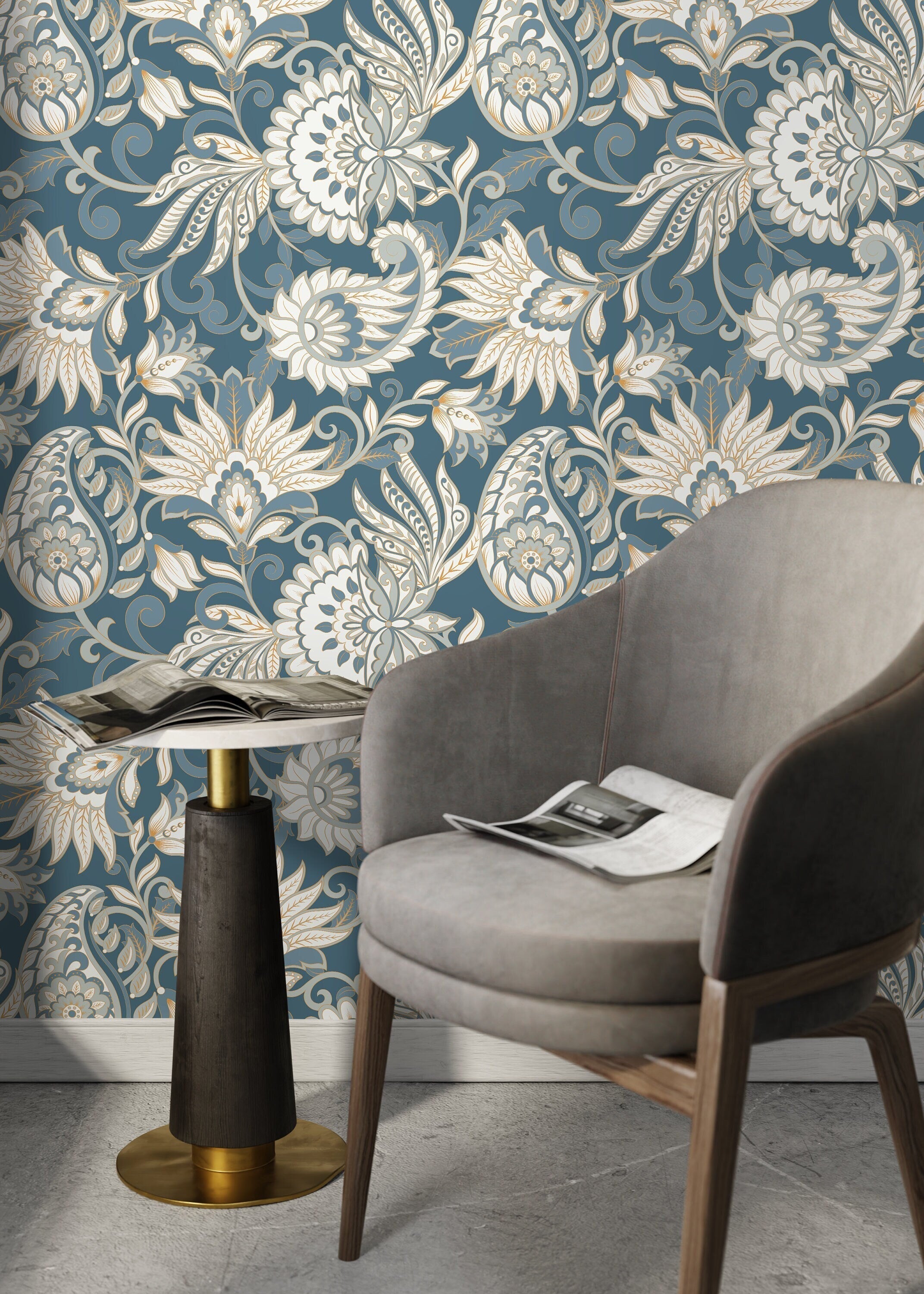 Paisley Wallpaper With An Intricate Floral Motif In Blue, Beige, And White - D091