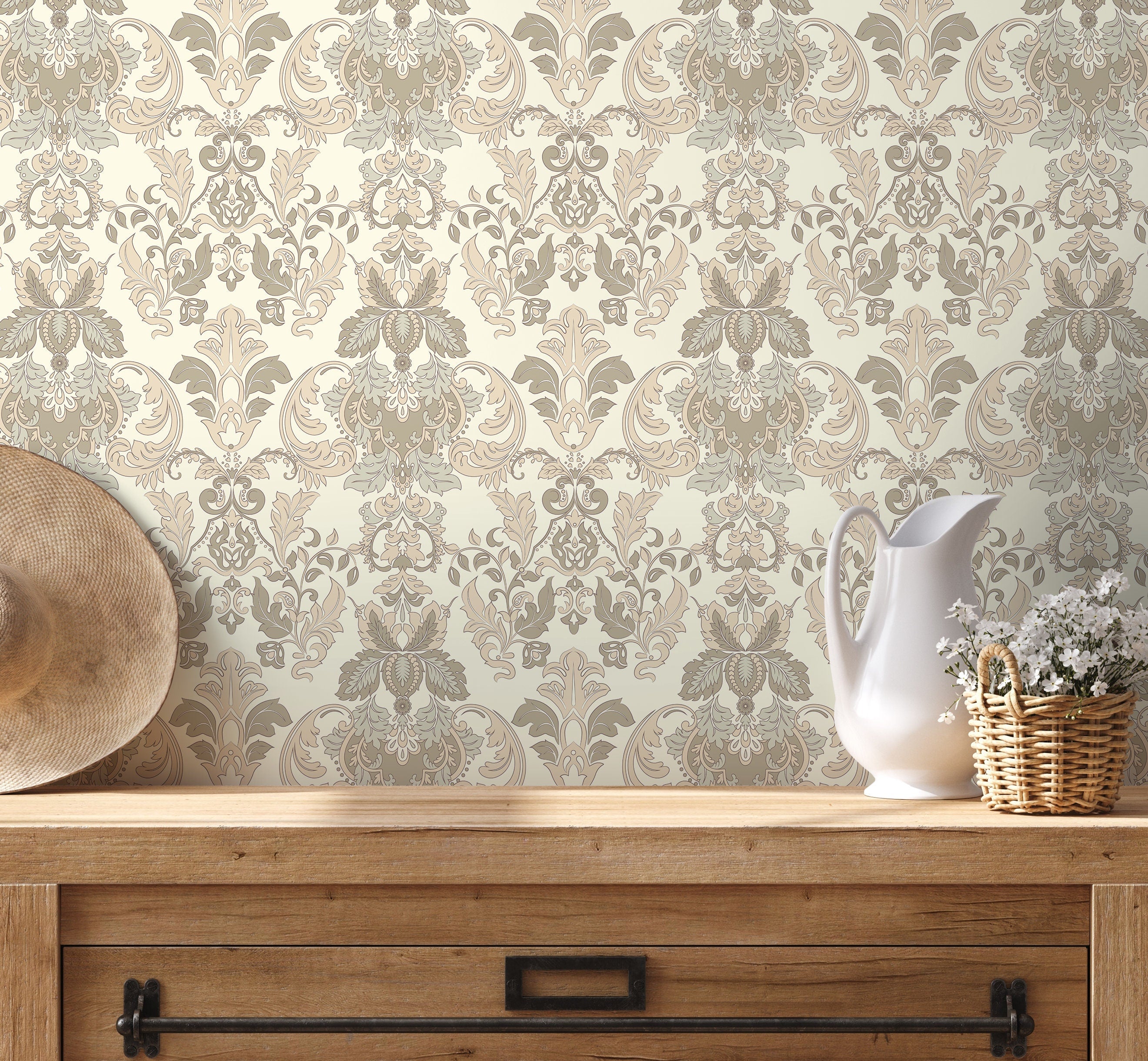Damask Wallpaper With An Intricate Victorian Motif In Cream, Beige, And Taupe - D093
