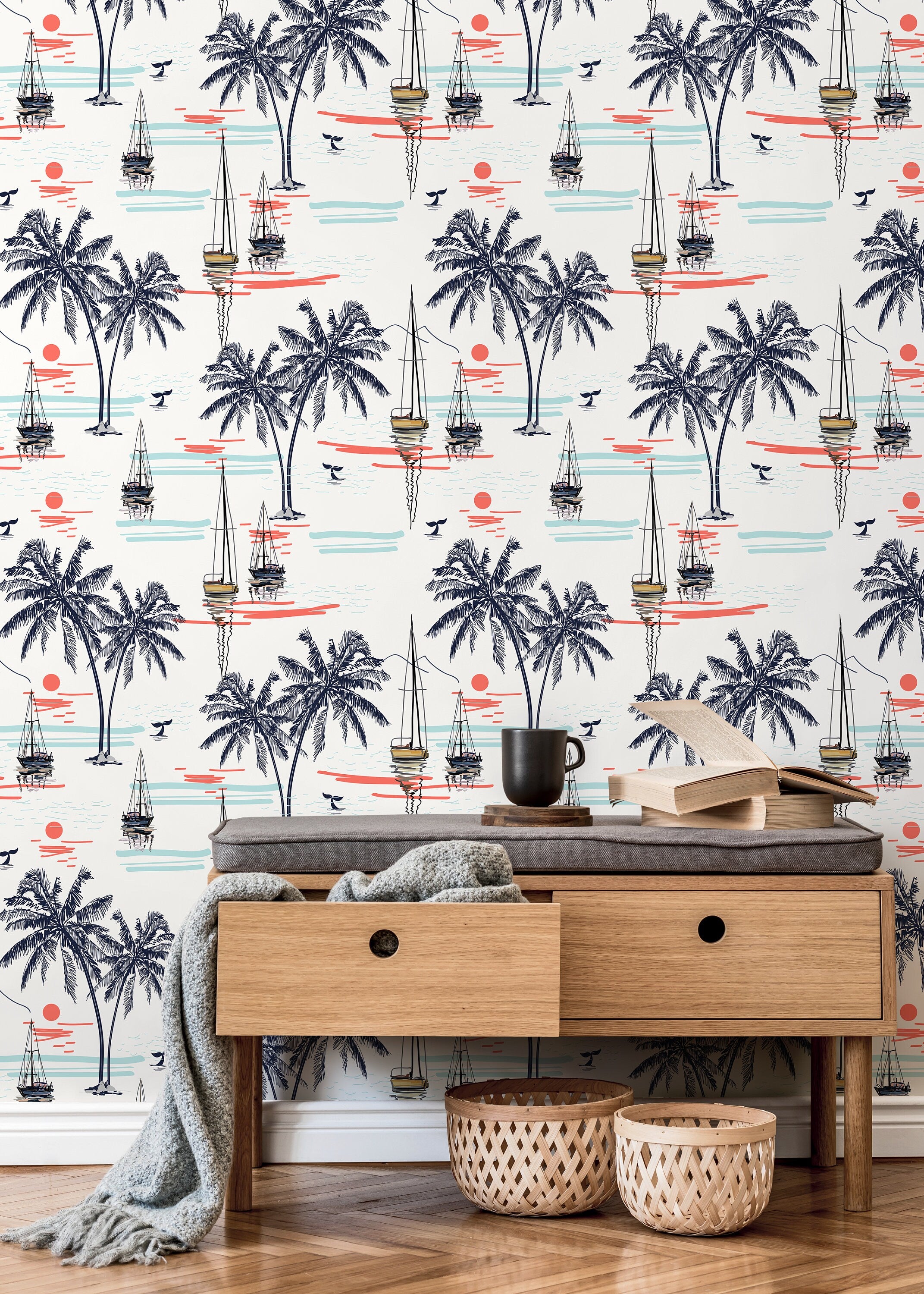 Coastal Wallpaper With Palm Trees And Sailboats In Blue And Coral - D096