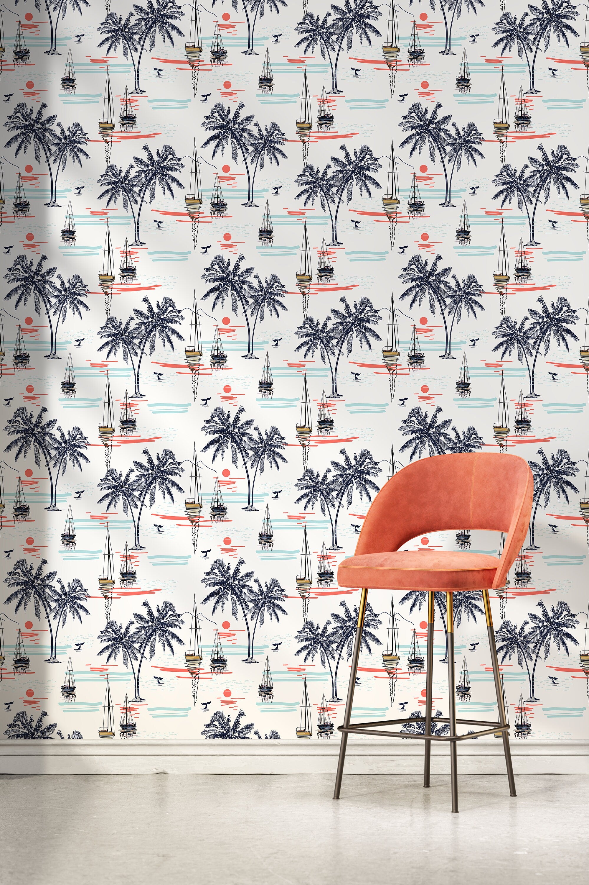Coastal Wallpaper With Palm Trees And Sailboats In Blue And Coral - D096