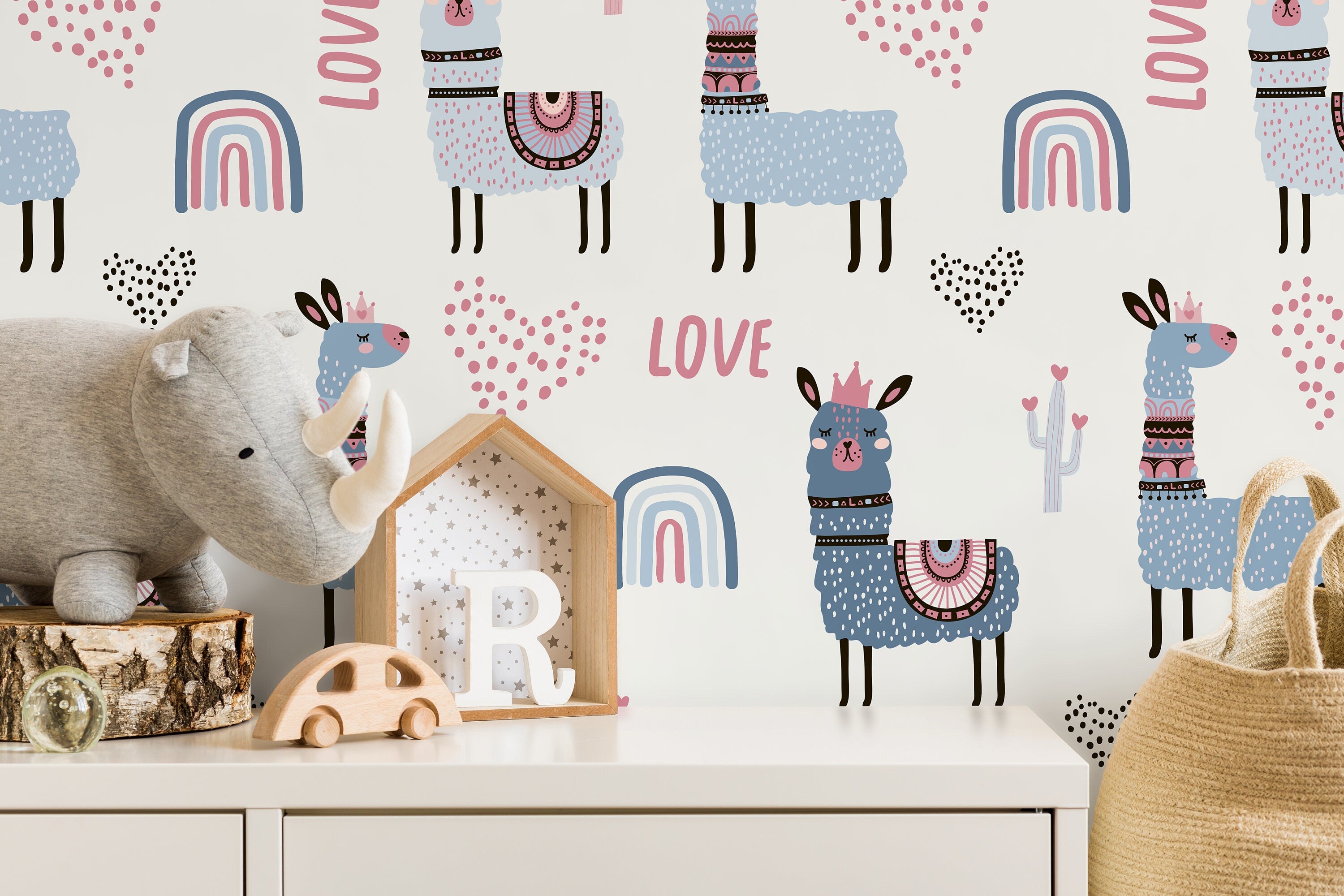 Kids Wallpaper With Cute Llamas And Rainbows In Blue, Pink, And Black - D118