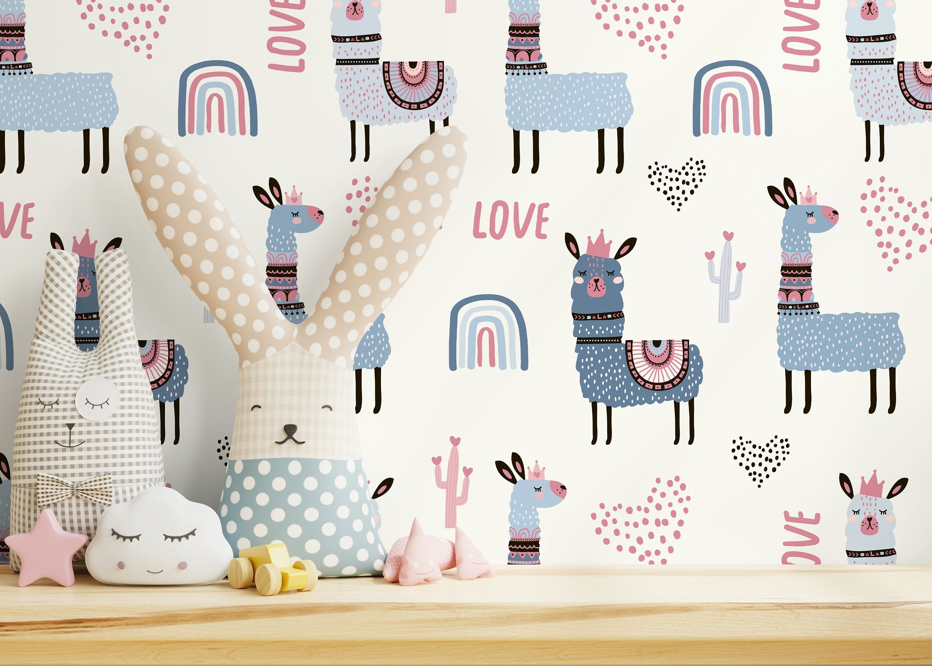 Kids Wallpaper With Cute Llamas And Rainbows In Blue, Pink, And Black - D118