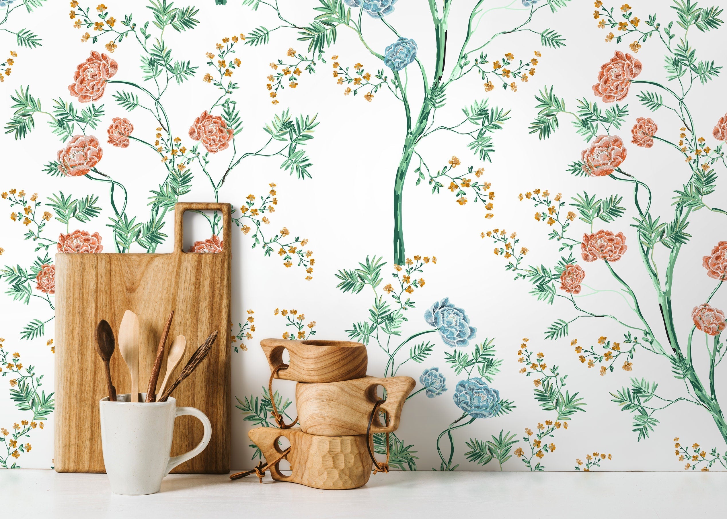 Botanical Wallpaper With Painted Floral Trees In Green, Coral, And Blue - D121