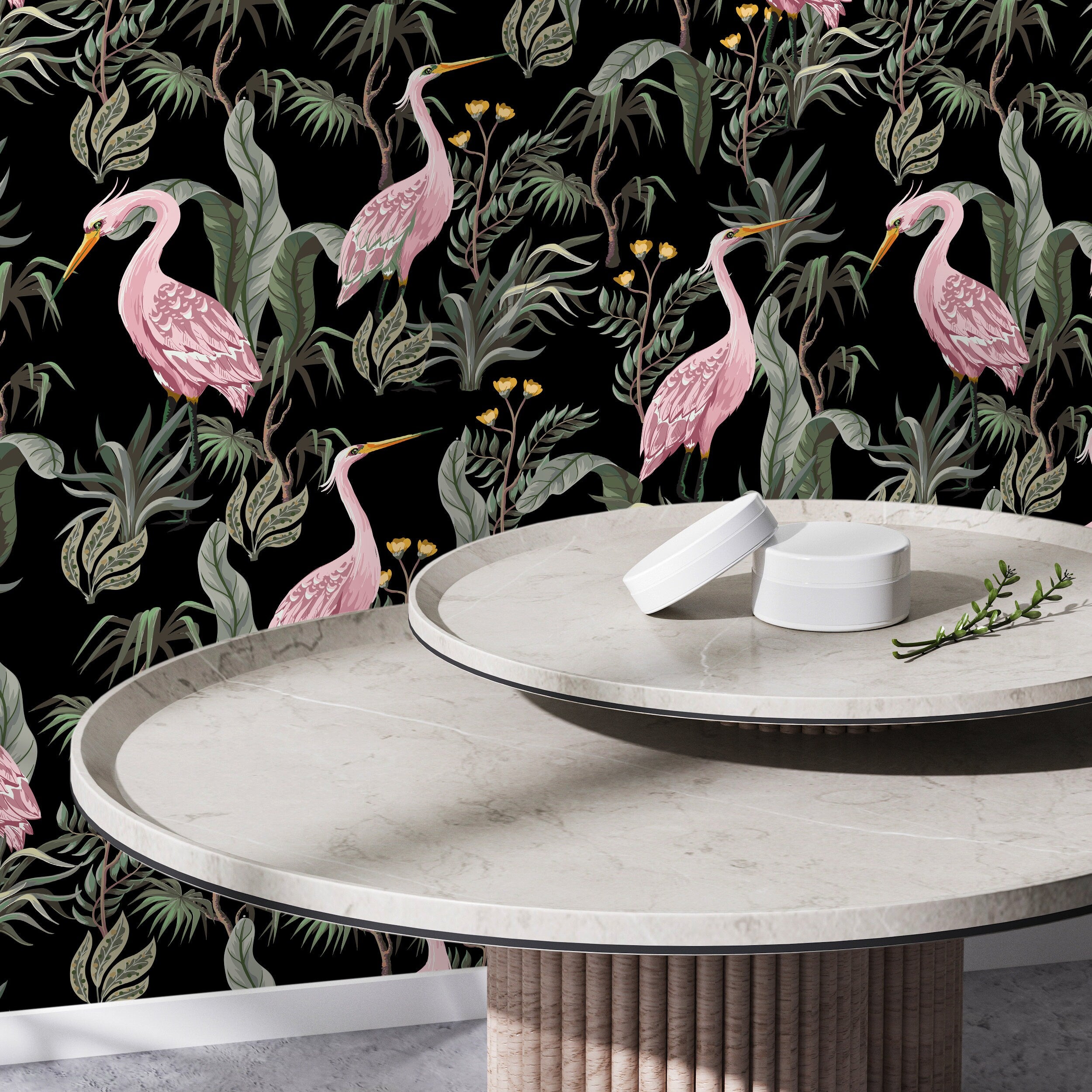 Chinoiserie Wallpaper With Elegant Cranes Amidst Tropical Leaves In Pink And Green - D123