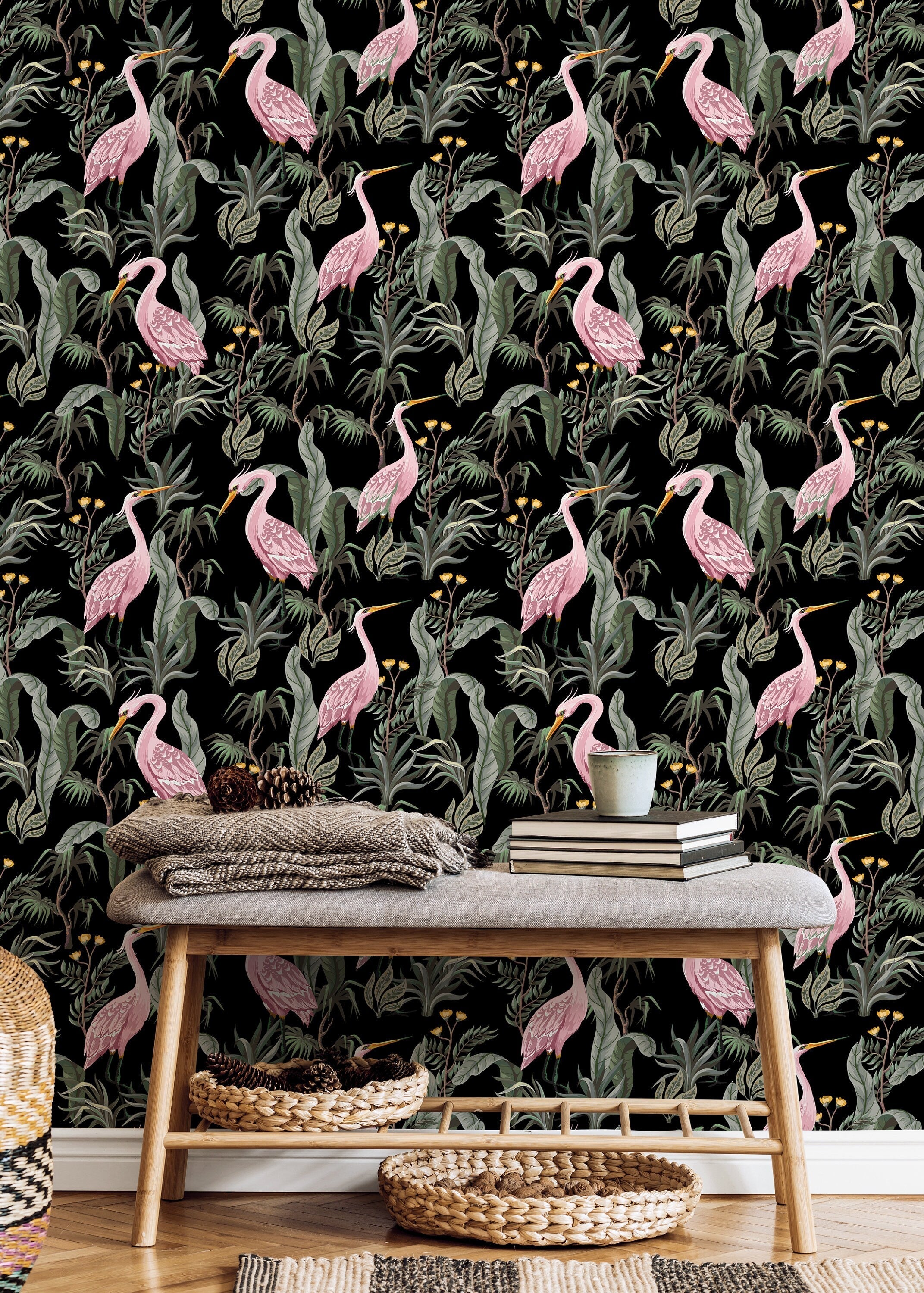 Chinoiserie Wallpaper With Elegant Cranes Amidst Tropical Leaves In Pink And Green - D123